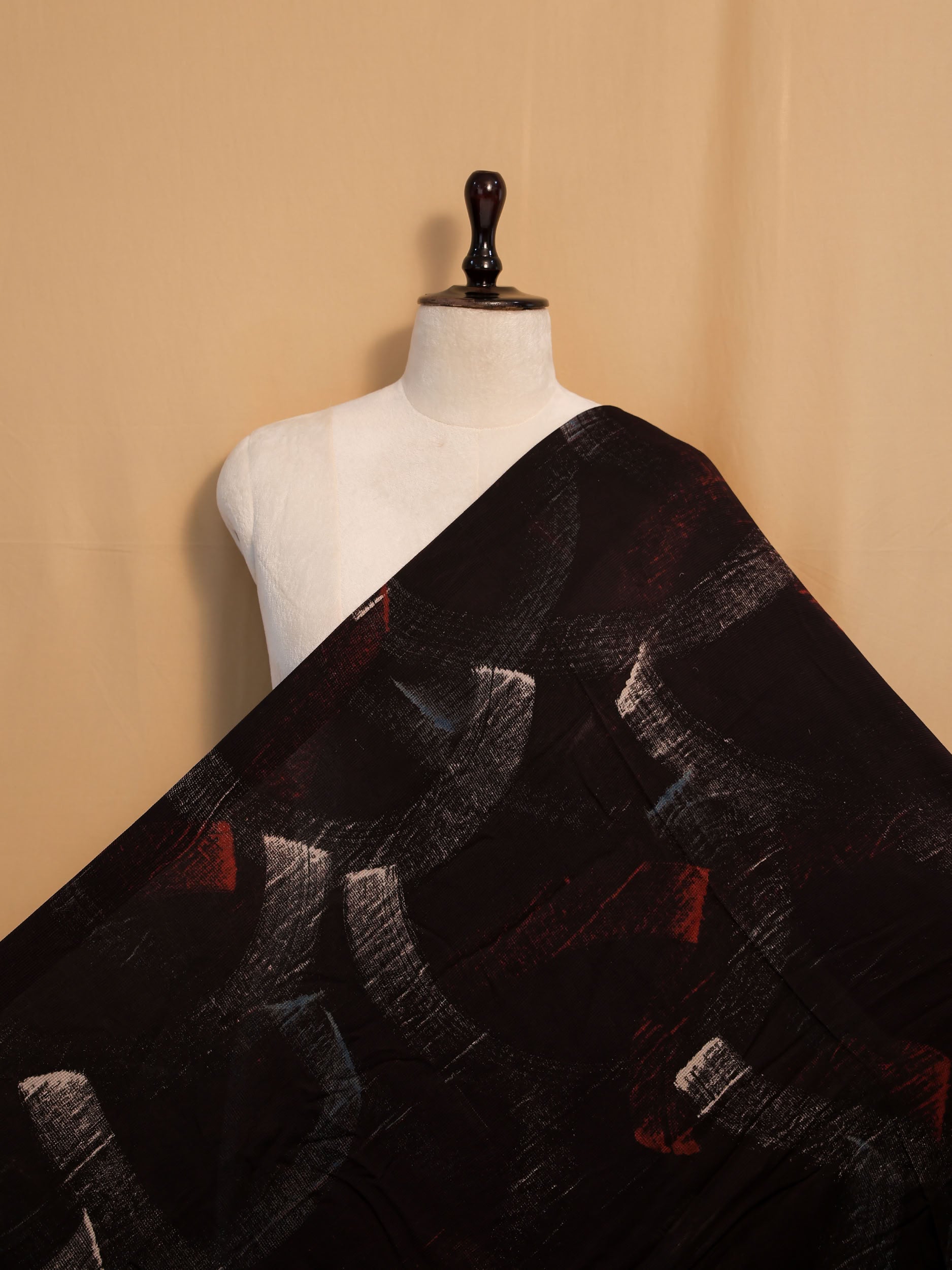Black Ajrakh Hand Block Printed Net (Kota) Modal Silk Fabric | Natural Dyes