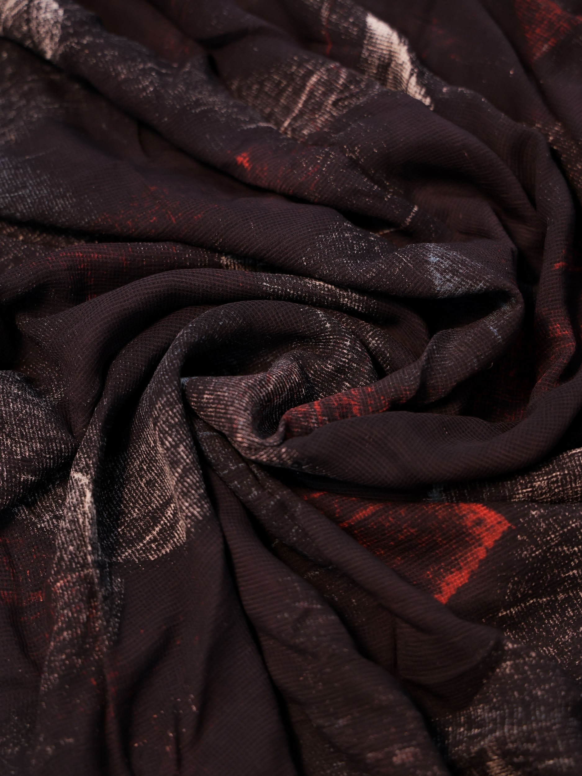 Black Ajrakh Hand Block Printed Net (Kota) Modal Silk Fabric | Natural Dyes