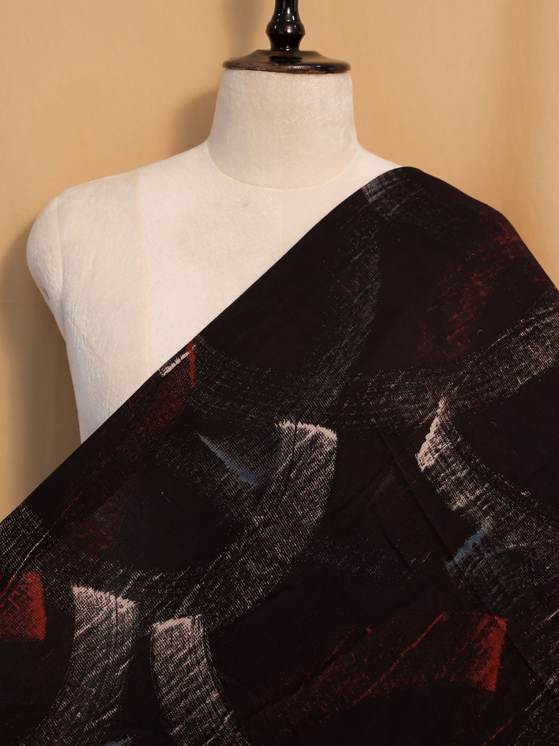 Black Ajrakh Hand Block Printed Net (Kota) Modal Silk Fabric | Natural Dyes