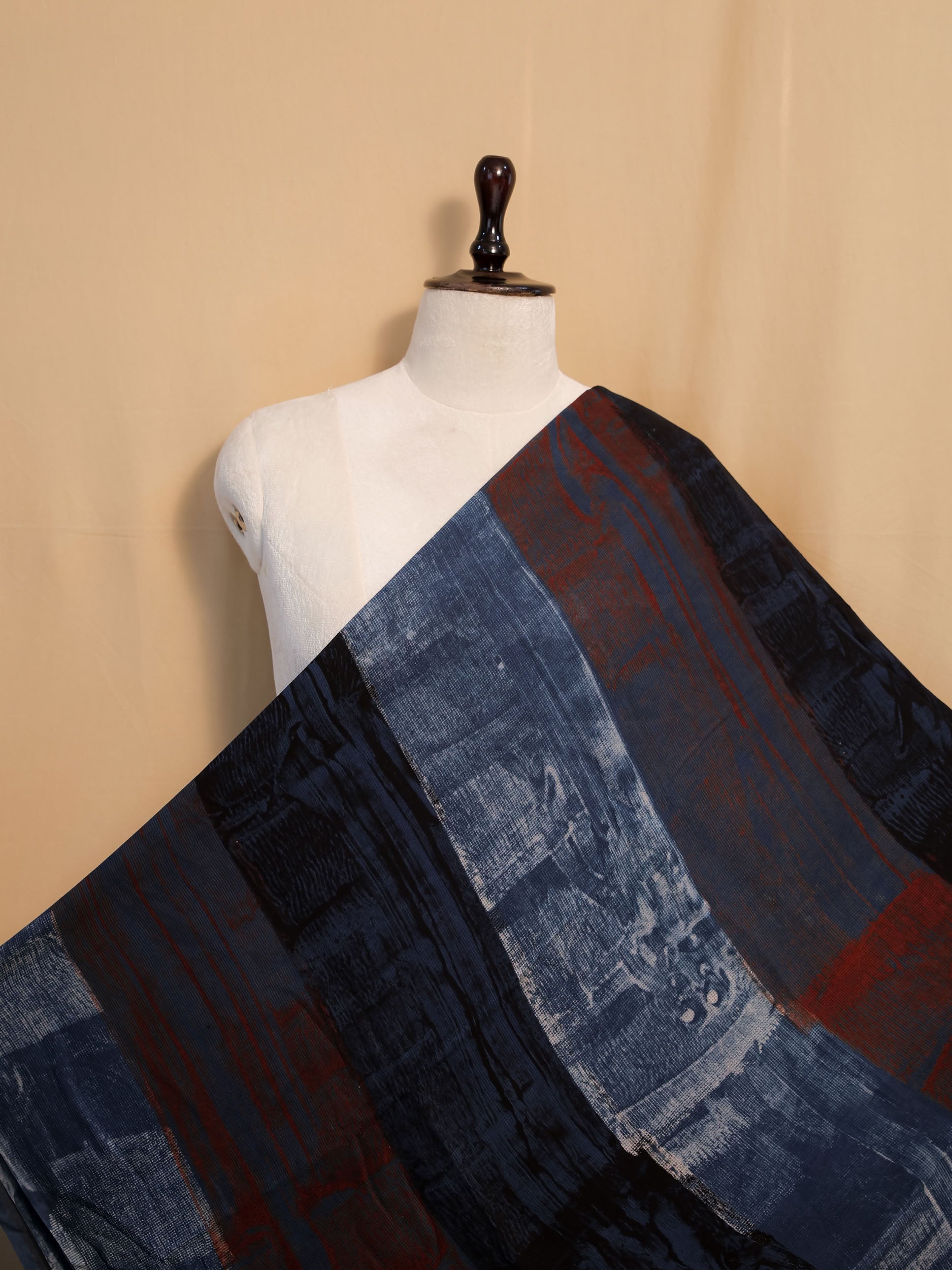 Multicolor Ajrakh Hand Block Printed Net (Kota) Modal Silk Fabric | Natural Dyes