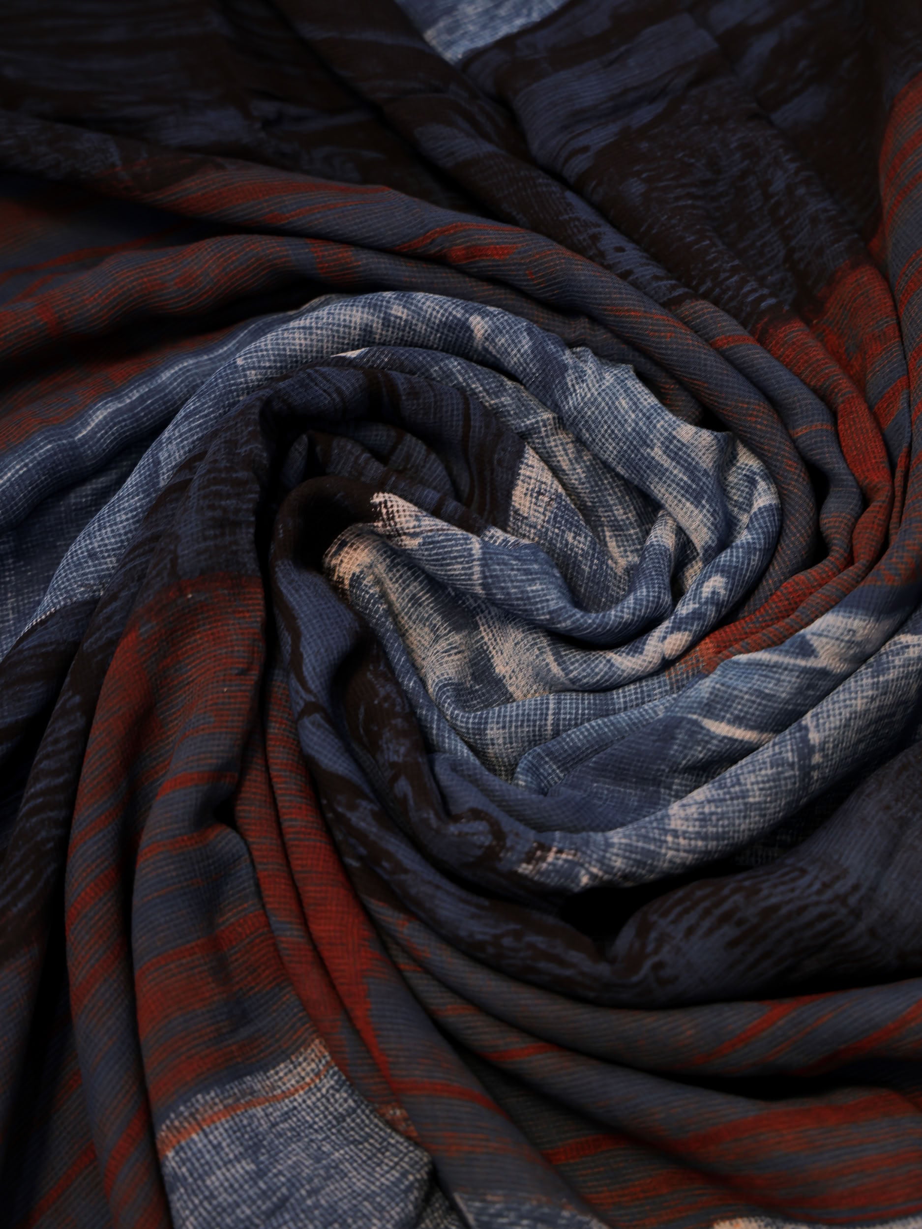 Multicolor Ajrakh Hand Block Printed Net (Kota) Modal Silk Fabric | Natural Dyes