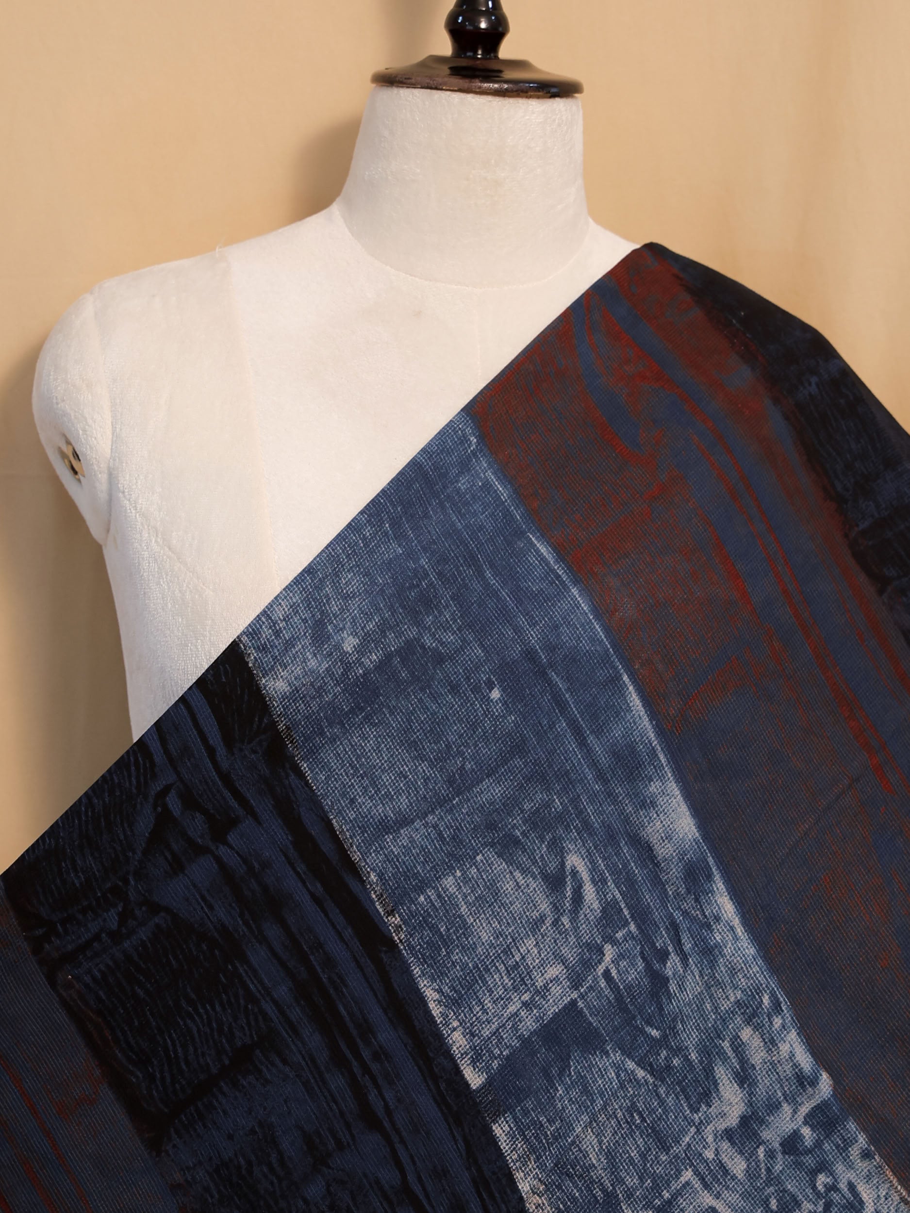 Multicolor Ajrakh Hand Block Printed Net (Kota) Modal Silk Fabric | Natural Dyes