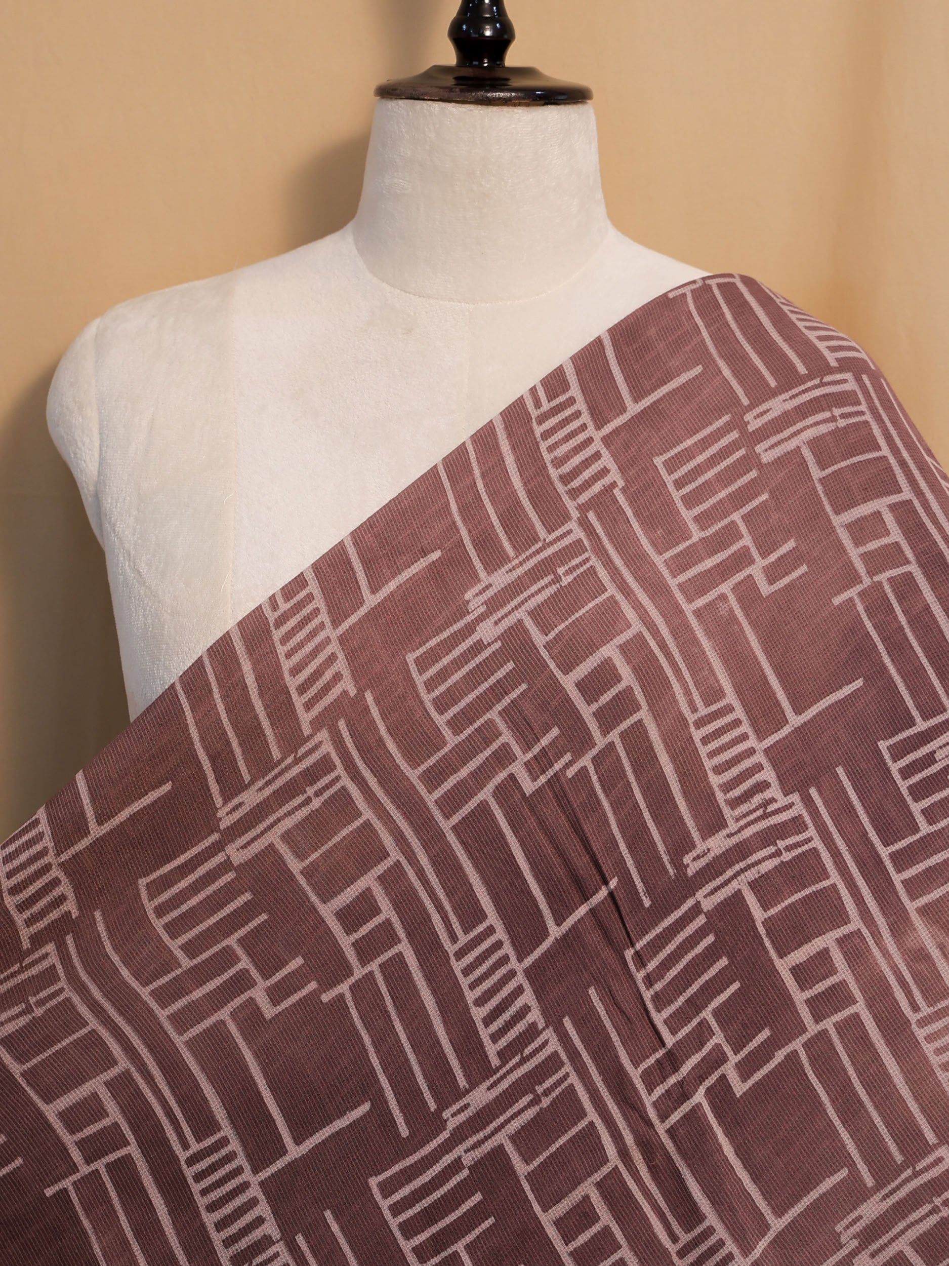 Coffee Ajrakh Hand Block Printed Net (Kota) Modal Silk Fabric | Natural Dyes