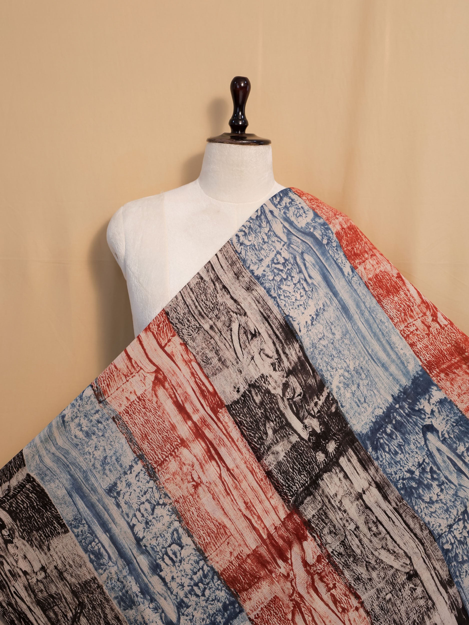 Multicolor Ajrakh Hand Block Printed Net (Kota) Modal Silk Fabric | Natural Dyes