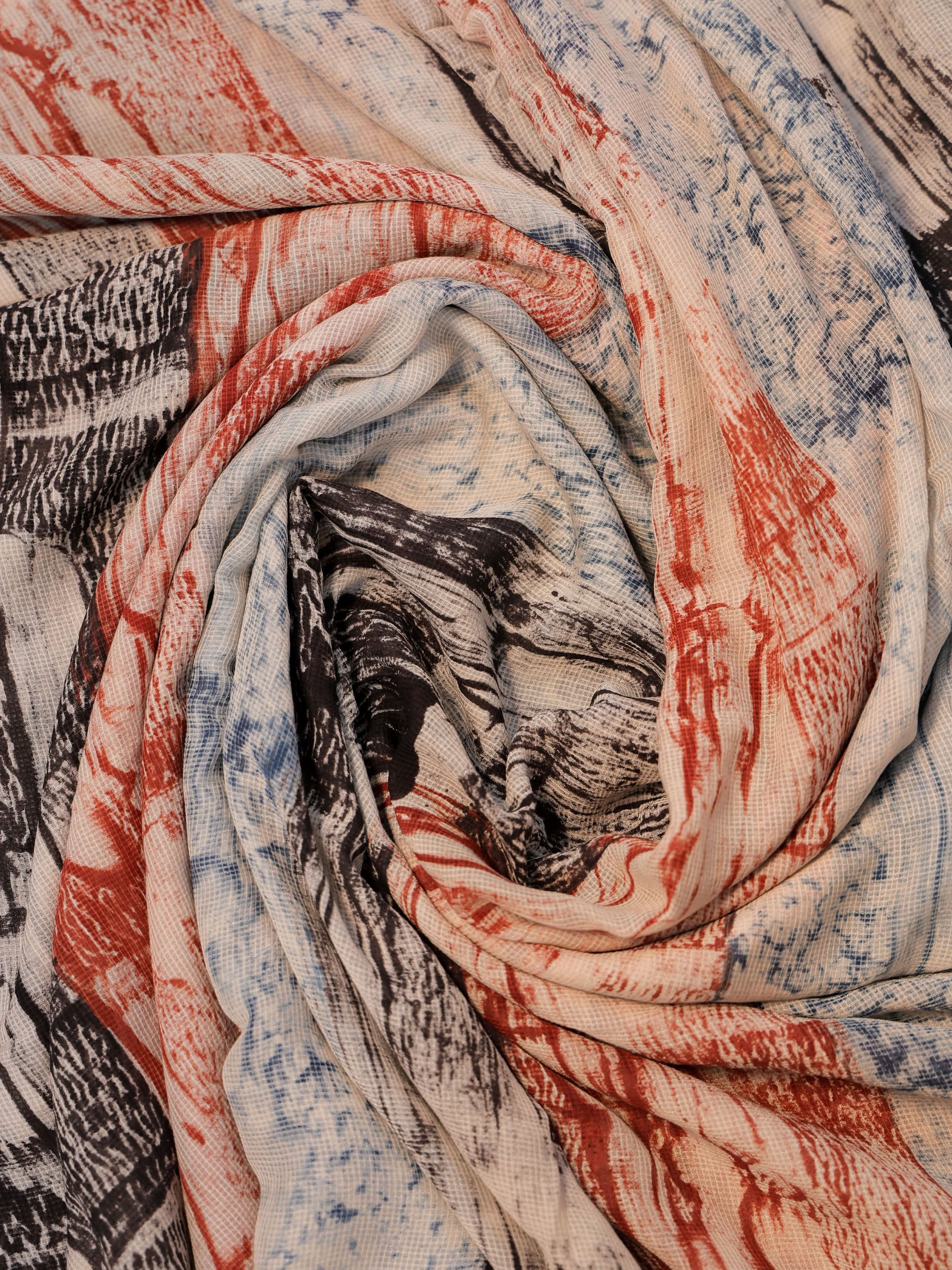 Multicolor Ajrakh Hand Block Printed Net (Kota) Modal Silk Fabric | Natural Dyes