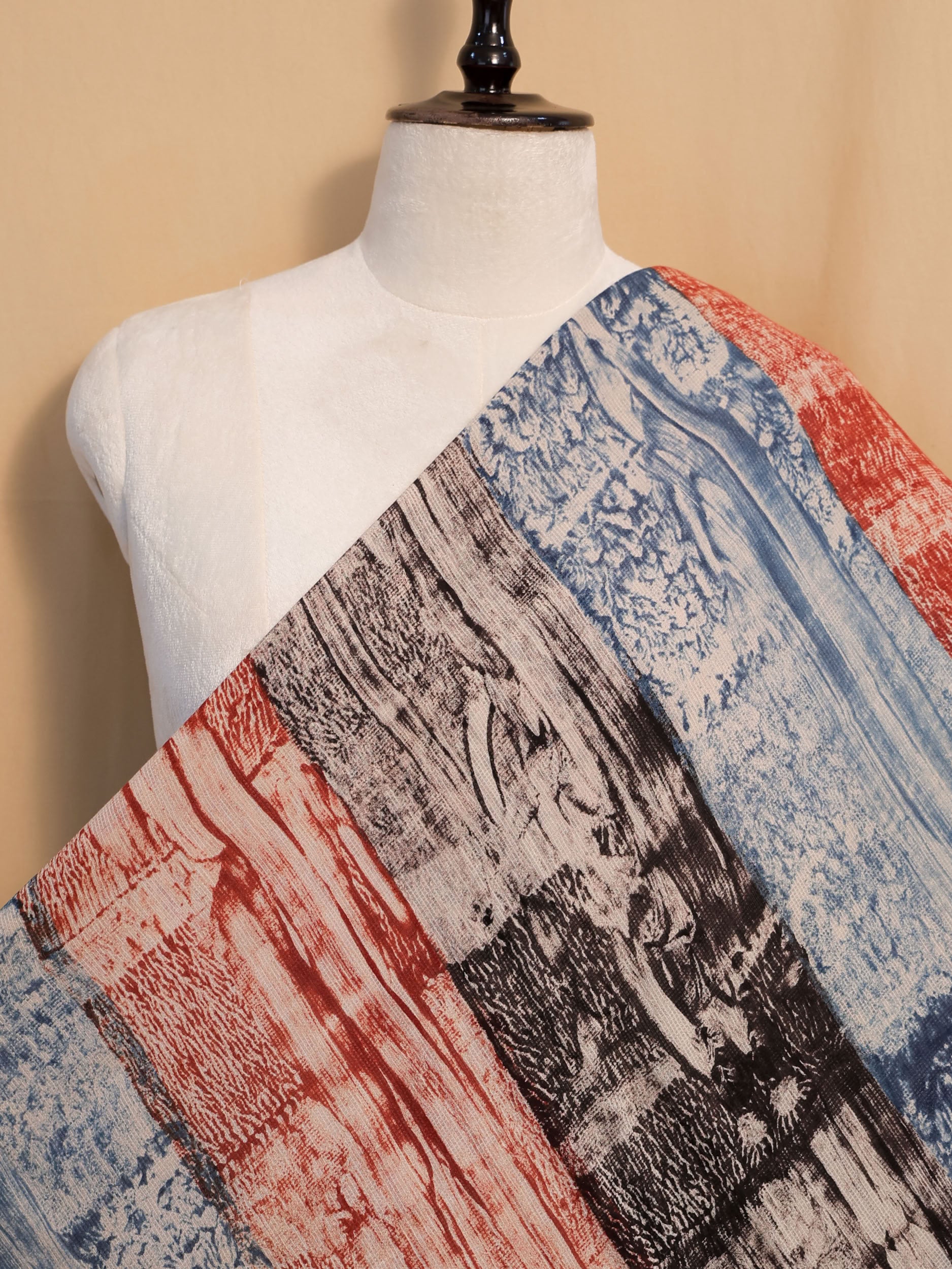 Multicolor Ajrakh Hand Block Printed Net (Kota) Modal Silk Fabric | Natural Dyes