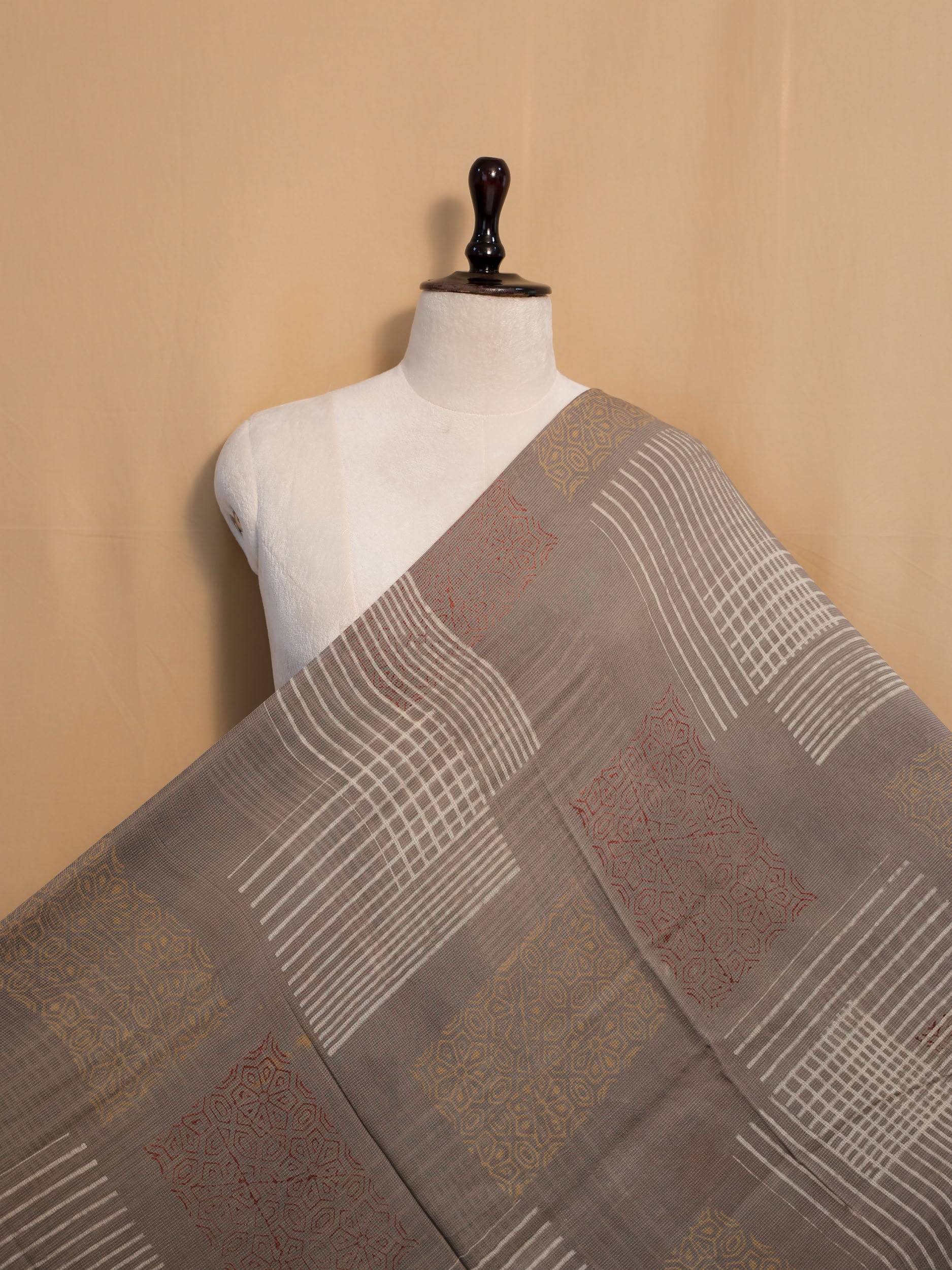 Multicolor Ajrakh Hand Block Printed Net (Kota) Modal Silk Fabric | Natural Dyes