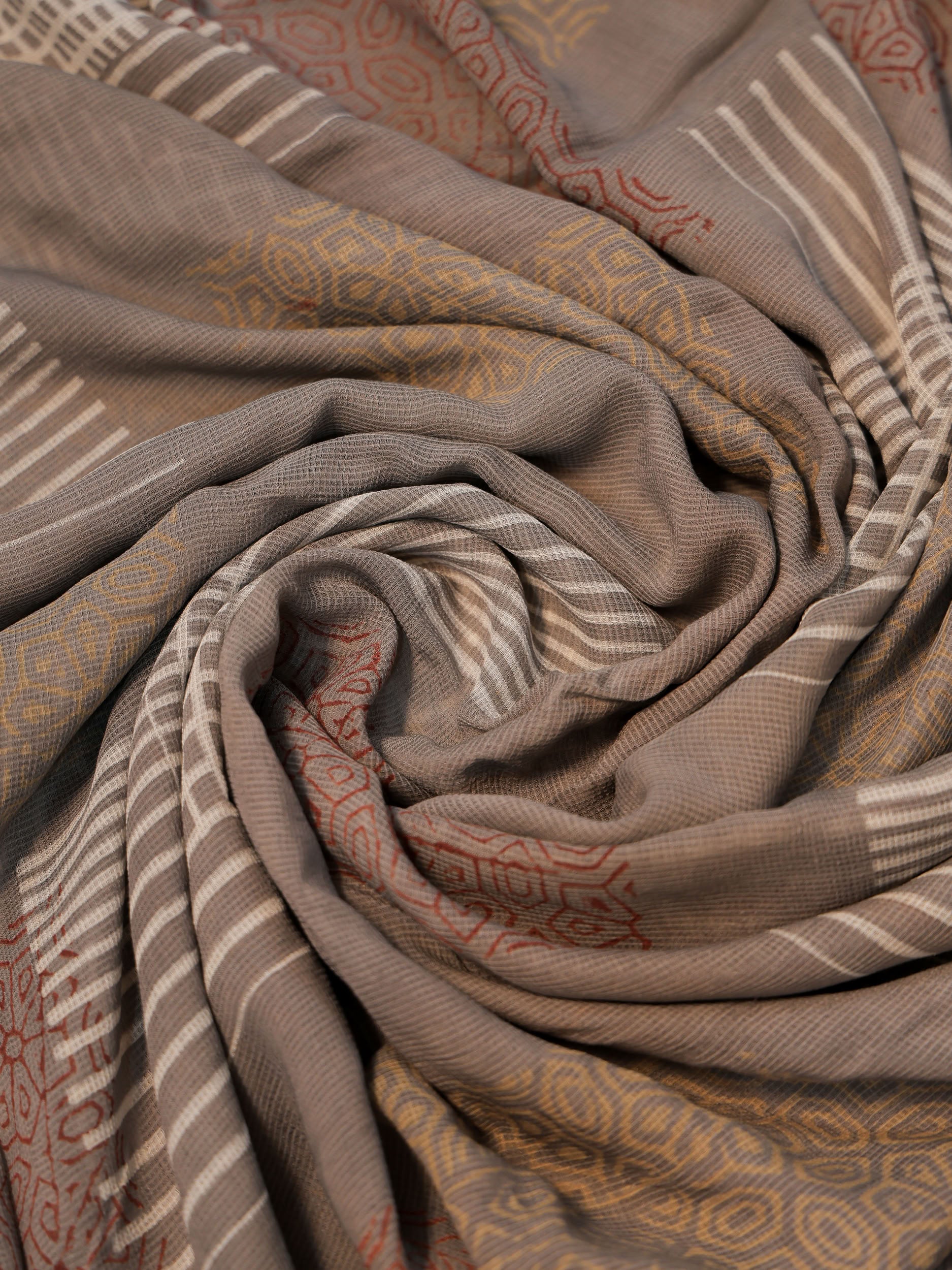 Multicolor Ajrakh Hand Block Printed Net (Kota) Modal Silk Fabric | Natural Dyes