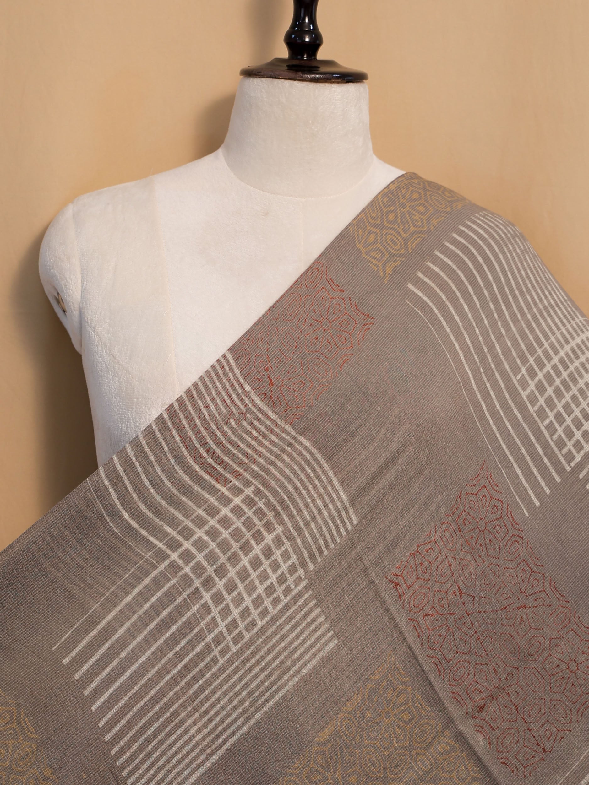 Multicolor Ajrakh Hand Block Printed Net (Kota) Modal Silk Fabric | Natural Dyes