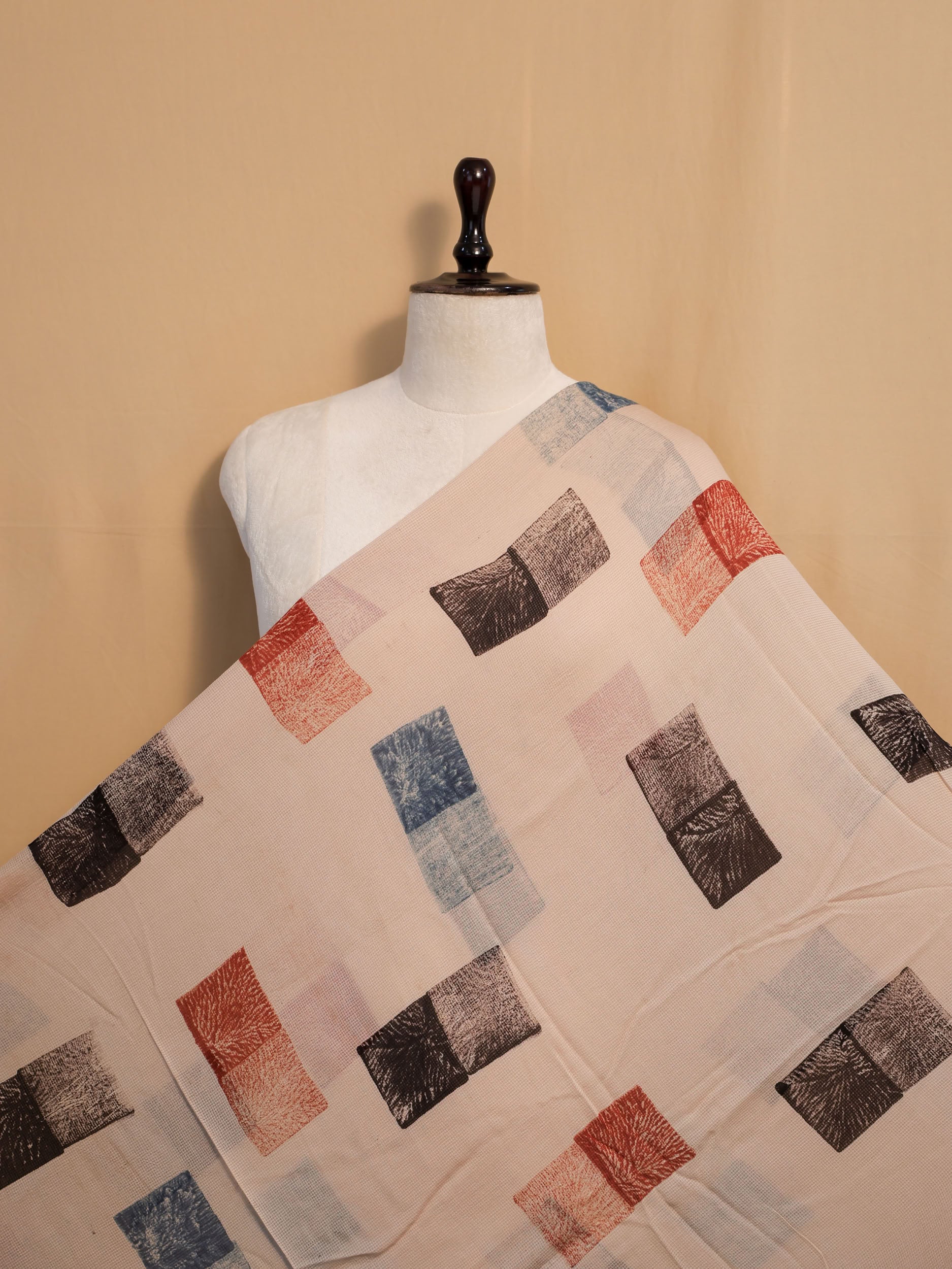 Multicolor Ajrakh Hand Block Printed Net (Kota) Modal Silk Fabric | Natural Dyes
