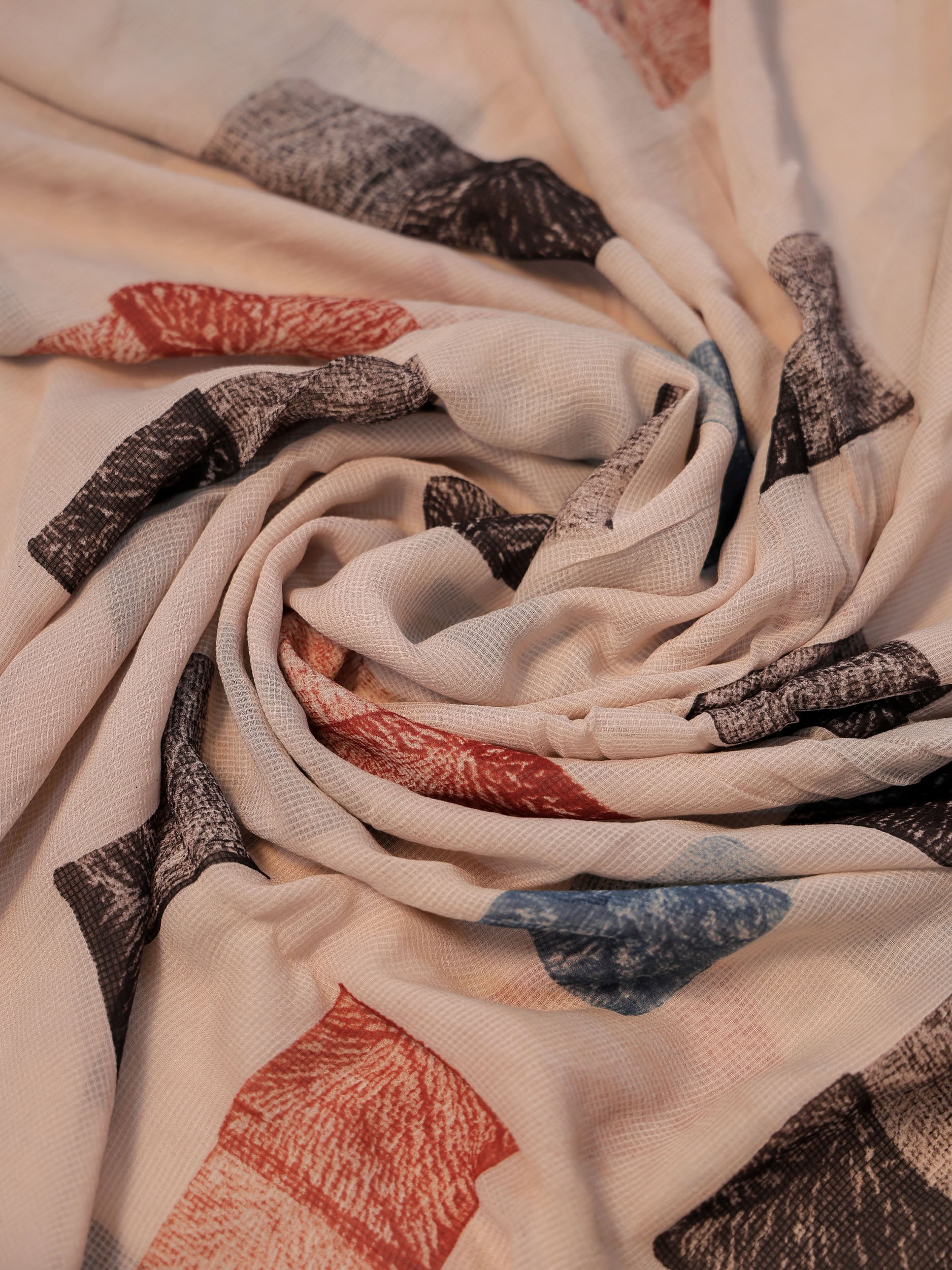 Multicolor Ajrakh Hand Block Printed Net (Kota) Modal Silk Fabric | Natural Dyes