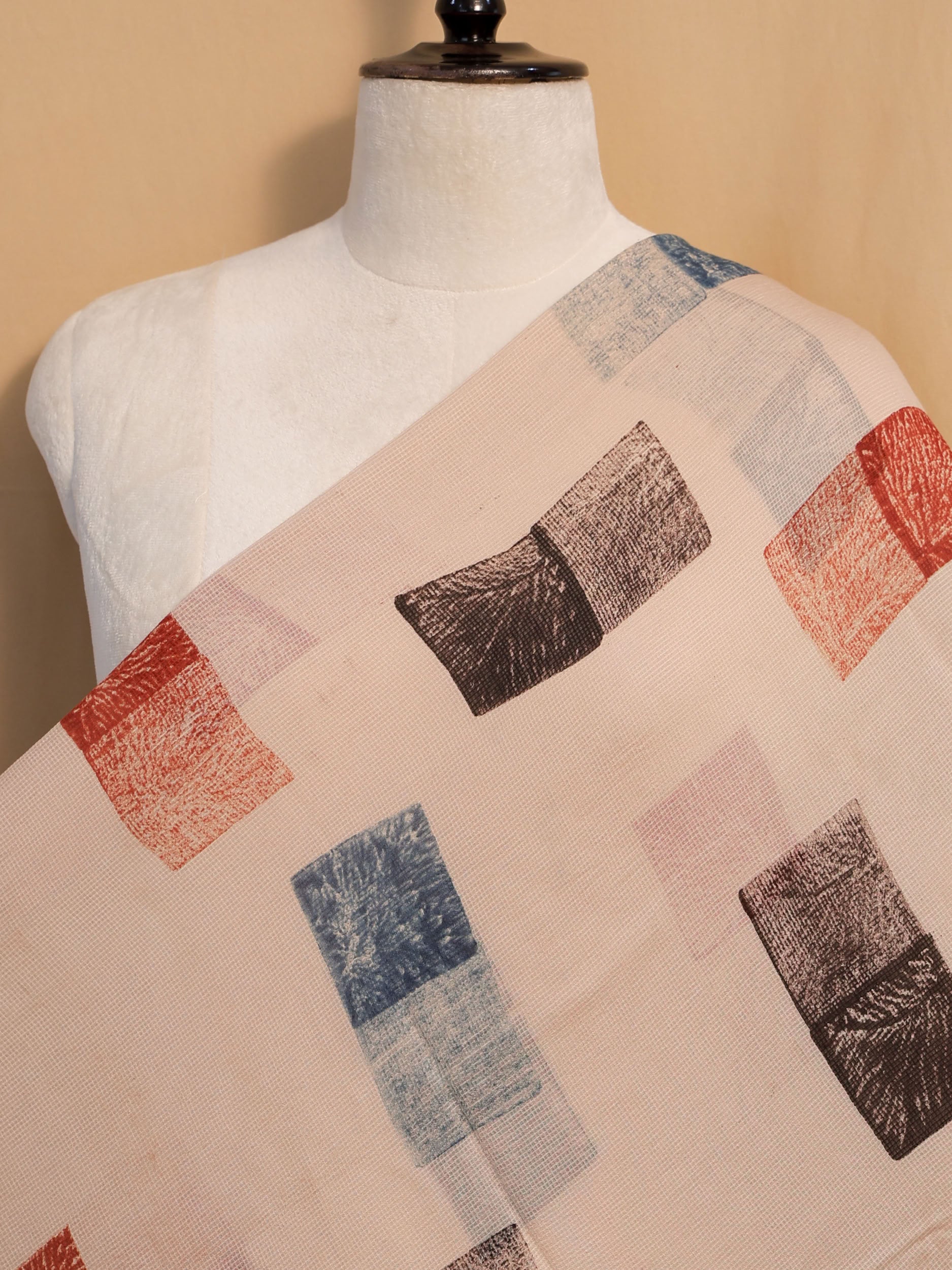 Multicolor Ajrakh Hand Block Printed Net (Kota) Modal Silk Fabric | Natural Dyes