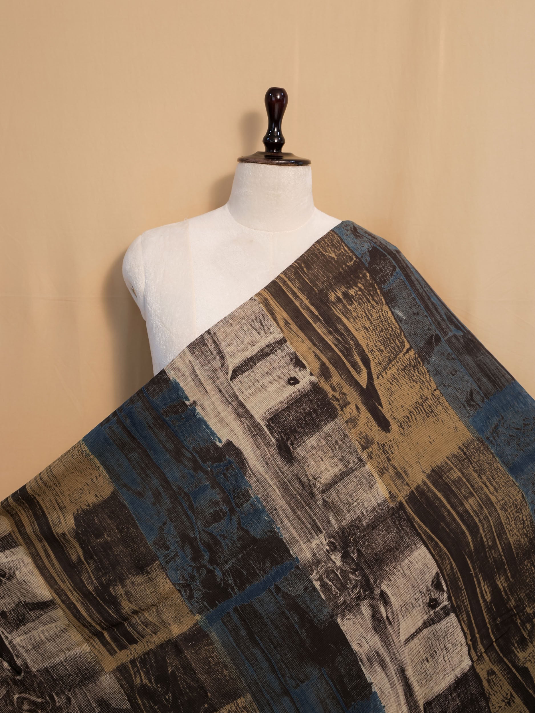 Multicolor Ajrakh Hand Block Printed Net (Kota) Modal Silk Fabric | Natural Dyes