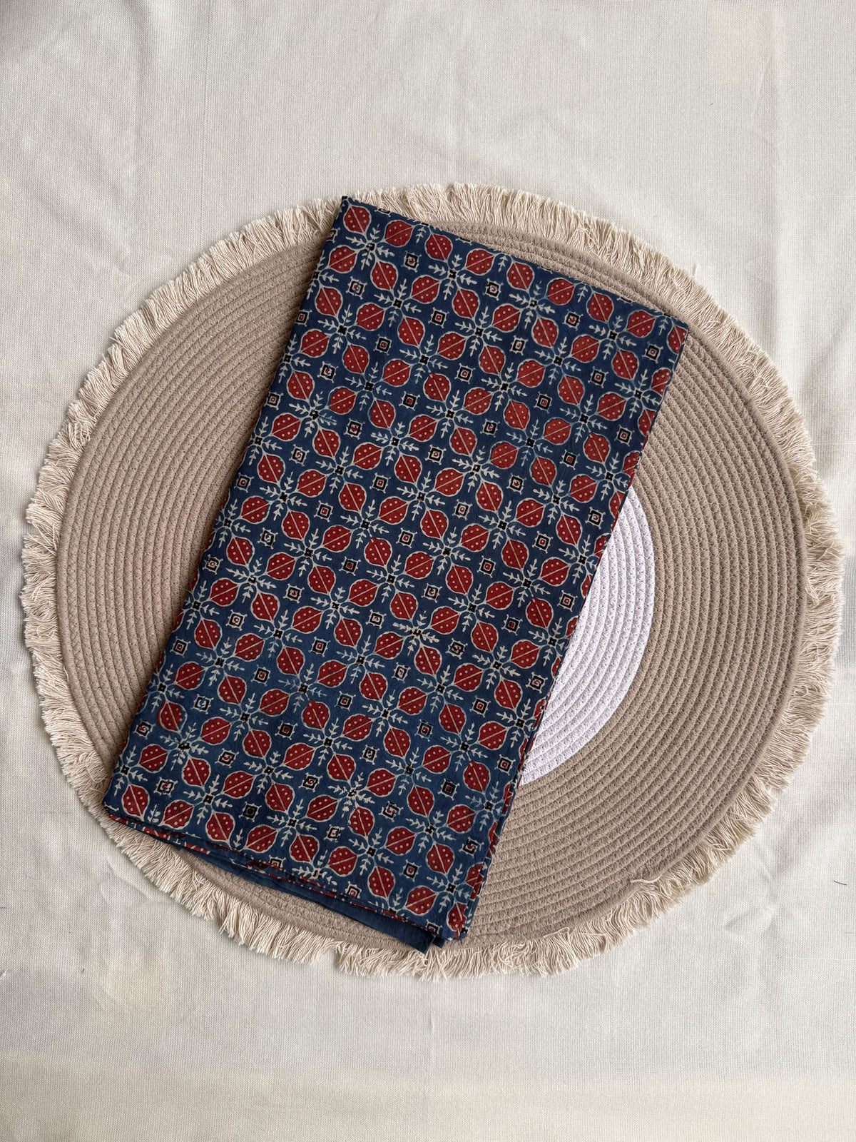 Blue Red Ajrakh Hand Block Printed Cotton Fabric | Natural Dyes