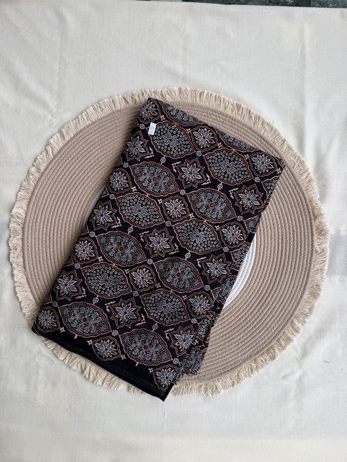 Black Ajrakh Hand Block Printed Cotton Fabric | Natural Dyes