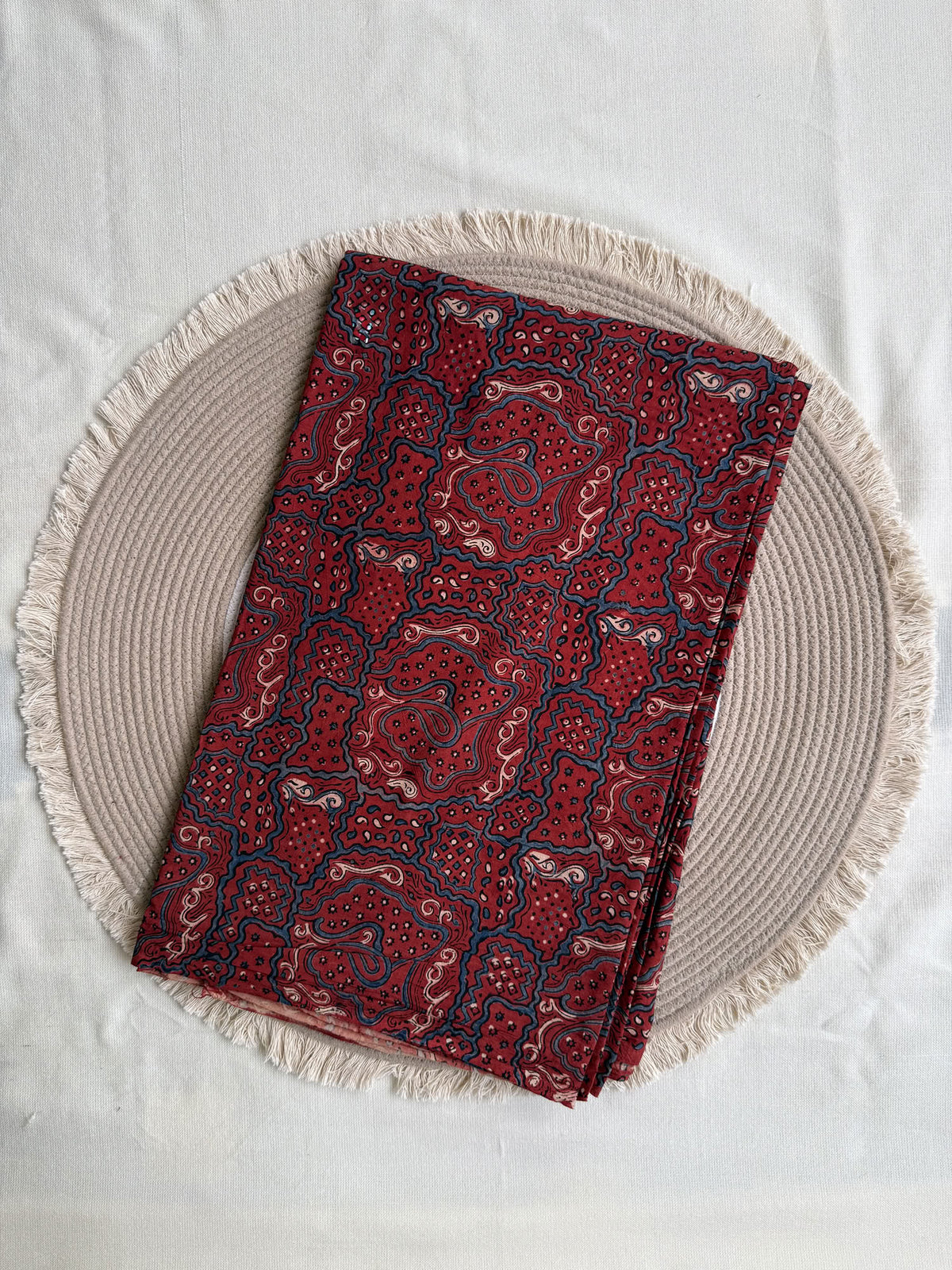 Red Ajrakh Hand Block Printed Cotton Fabric | Natural Dyes