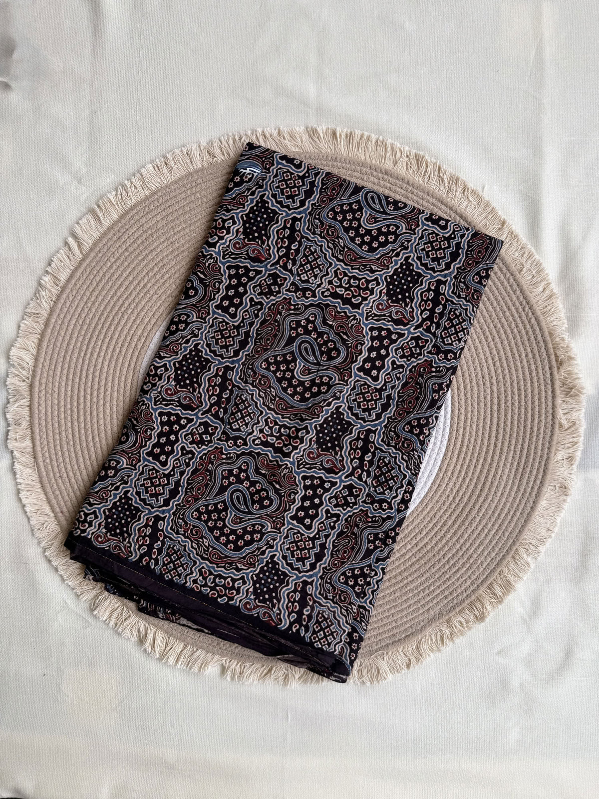 Black Ajrakh Hand Block Printed Cotton Fabric | Natural Dyes