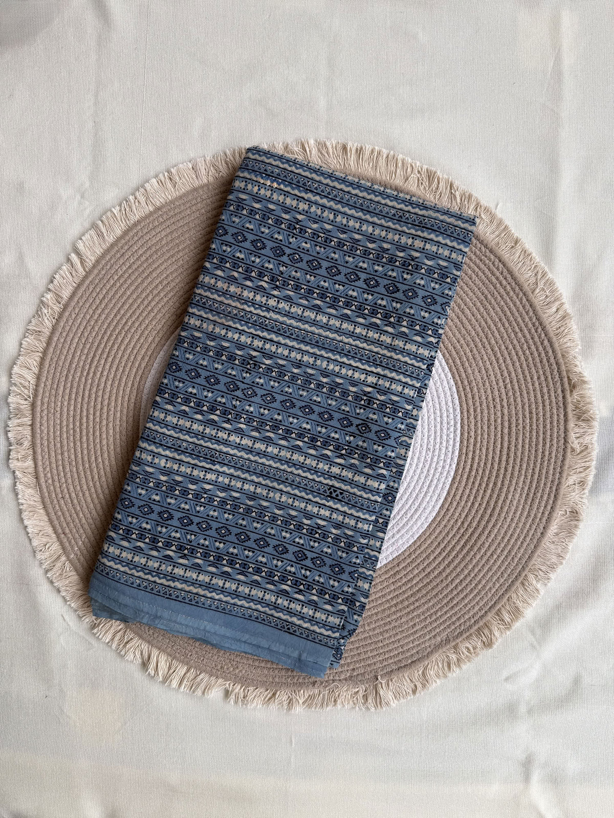 Sky Blue Ajrakh Hand Block Printed Cotton Fabric | Natural Dyes