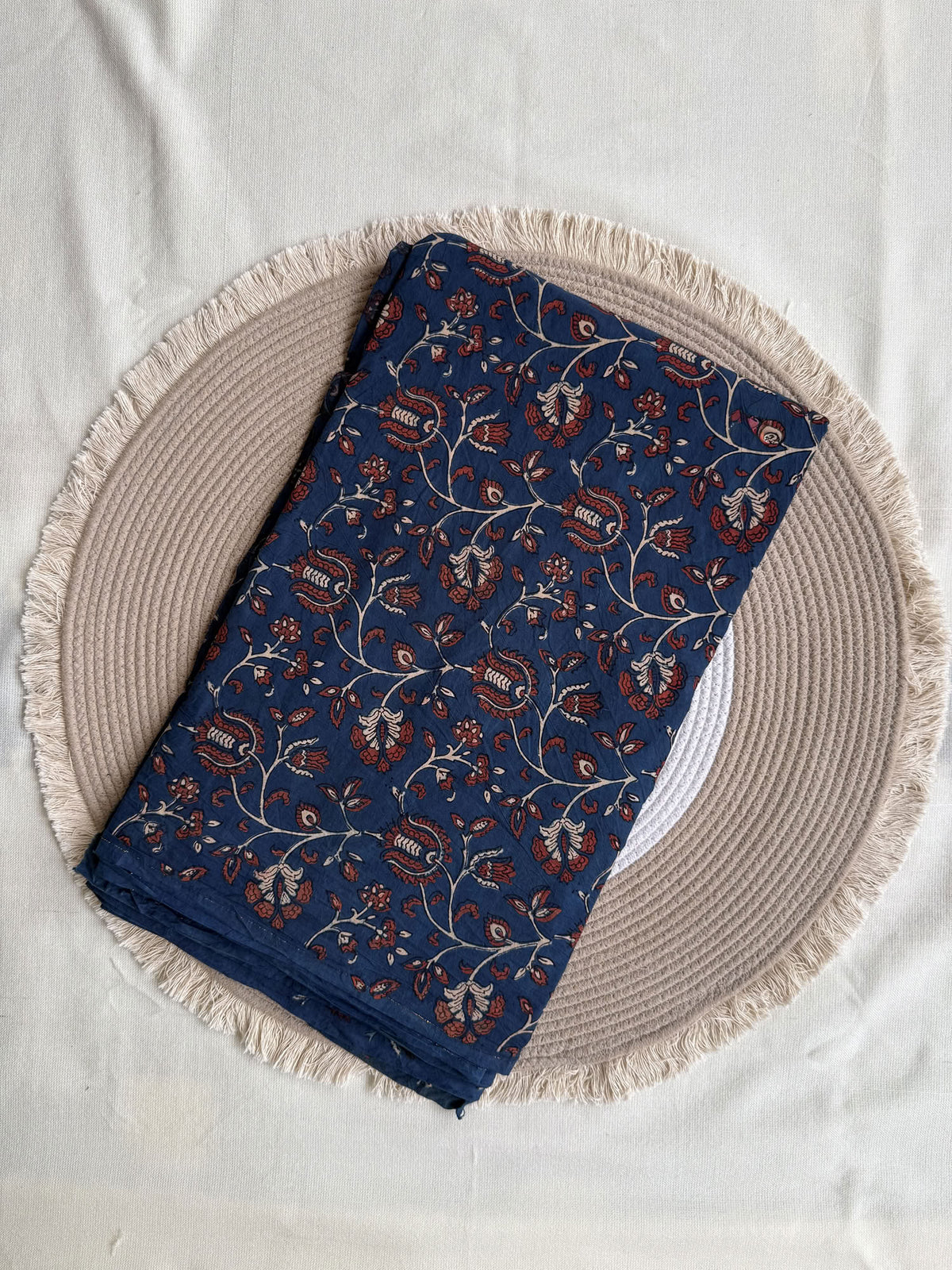 Blue Red Floral Ajrakh Hand Block Printed Cotton Fabric | Natural Dyes