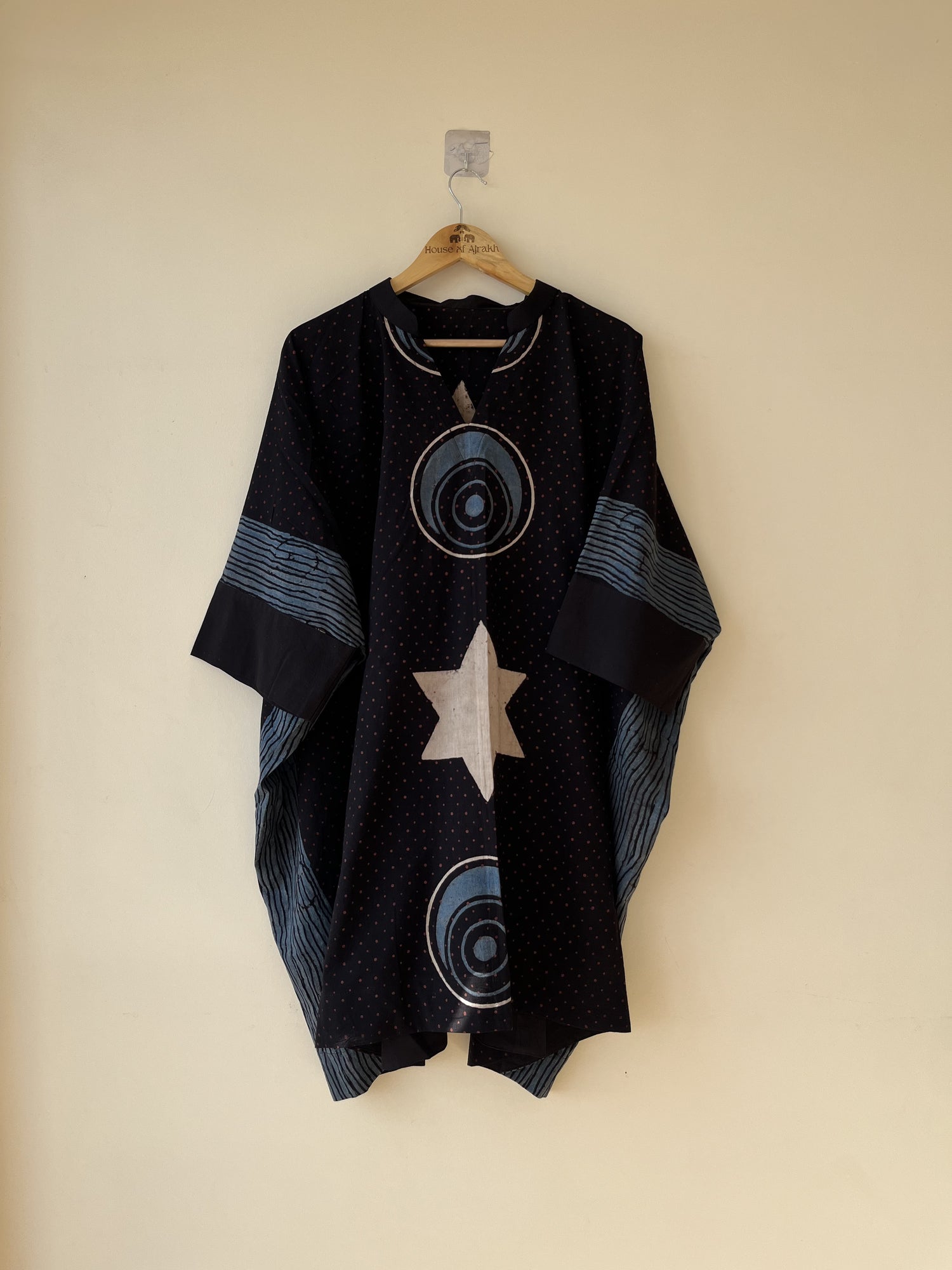 Black Ajrakh Hand Block Printed Cotton Kaftan | Natural Dyes