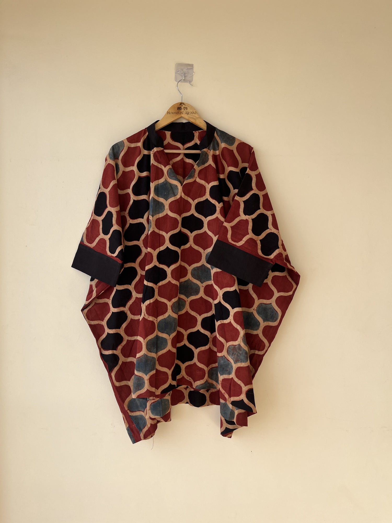 Red Black Ajrakh Hand Block Printed Cotton Kaftan | Natural Dyes