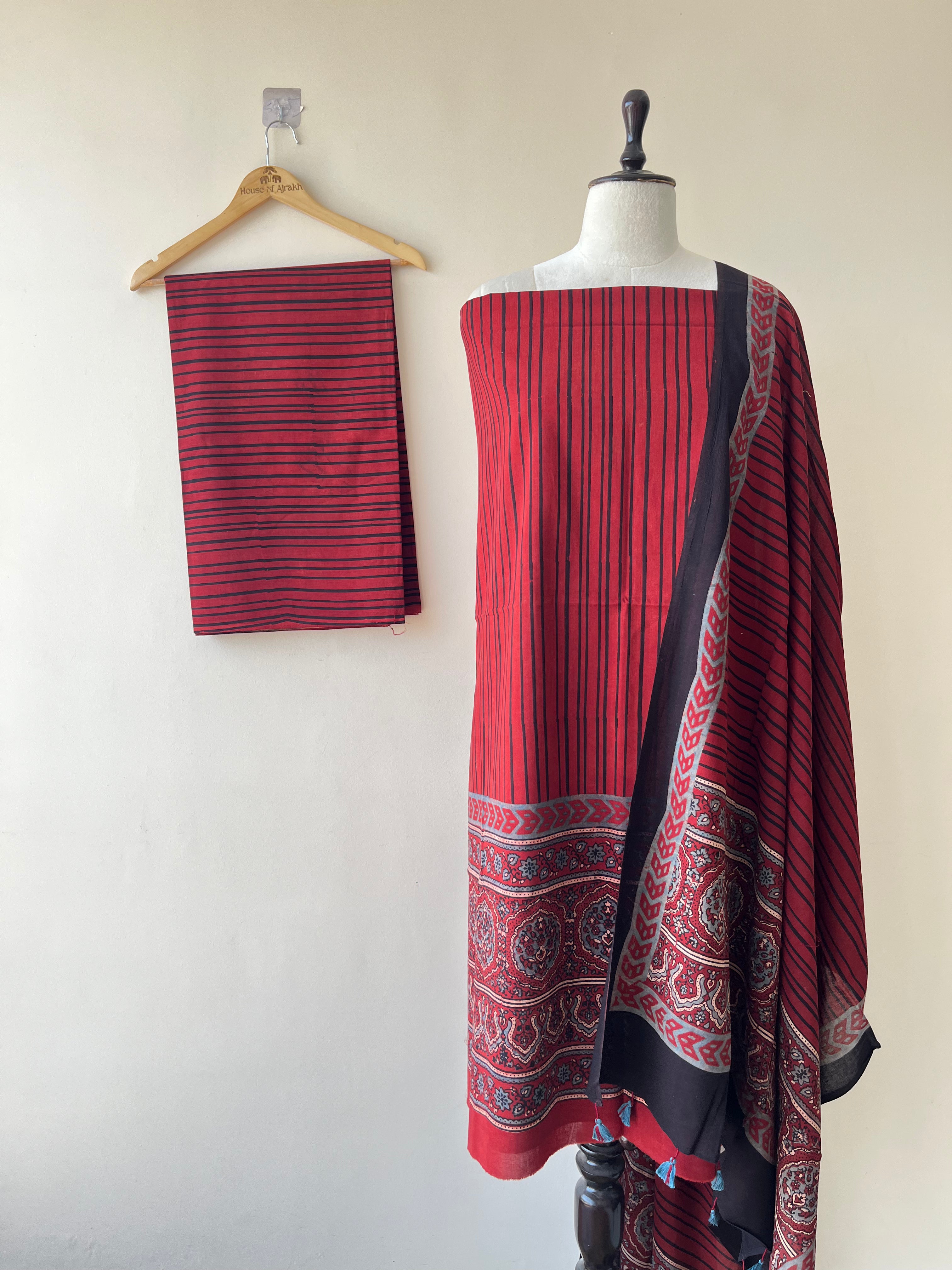 3pc Ajrakh Cotton Unstitched Suit Set with Dupatta | Hand Block Printed
