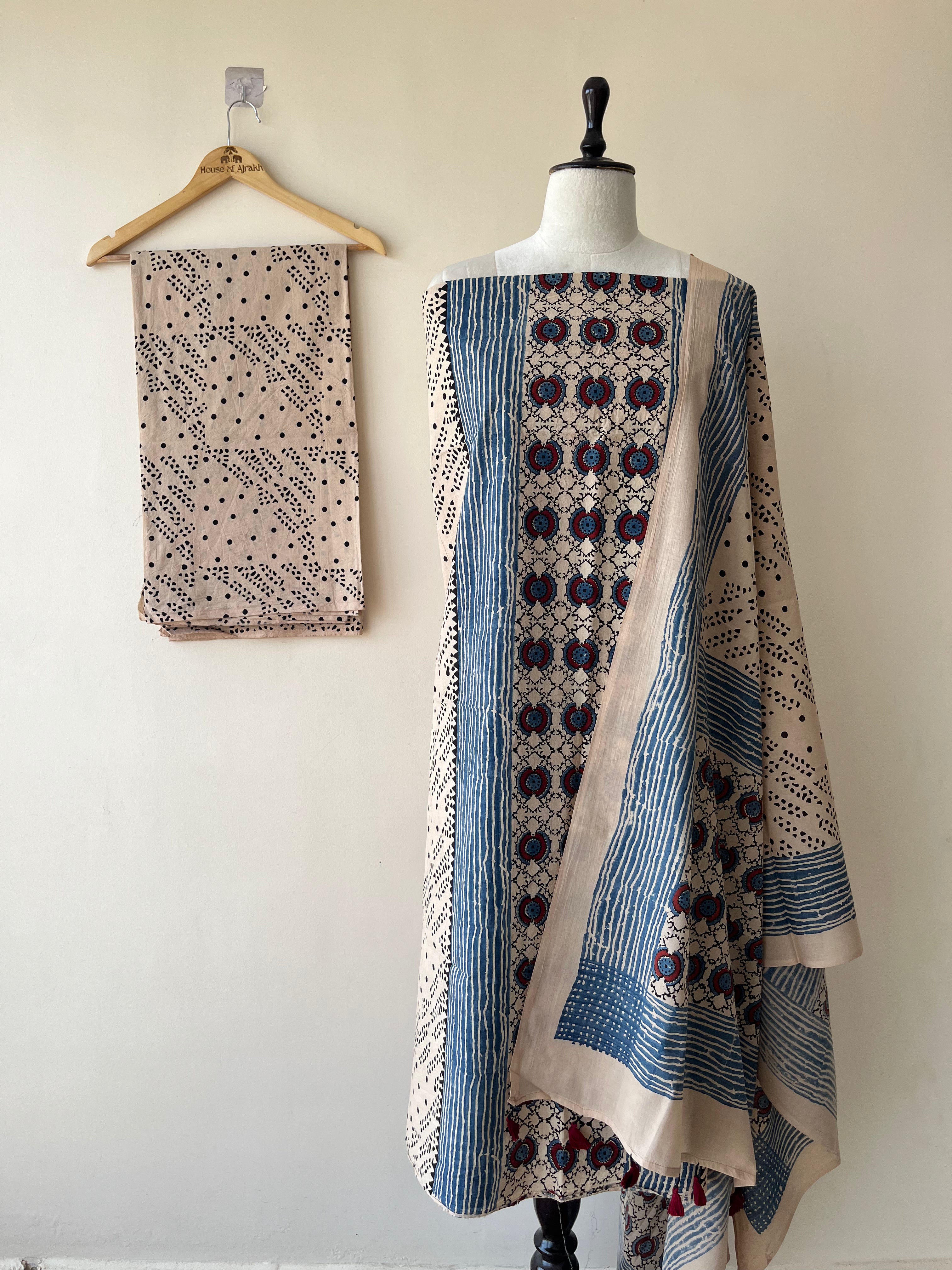 3pc Ajrakh Cotton Unstitched Suit Set with Dupatta | Hand Block Printed