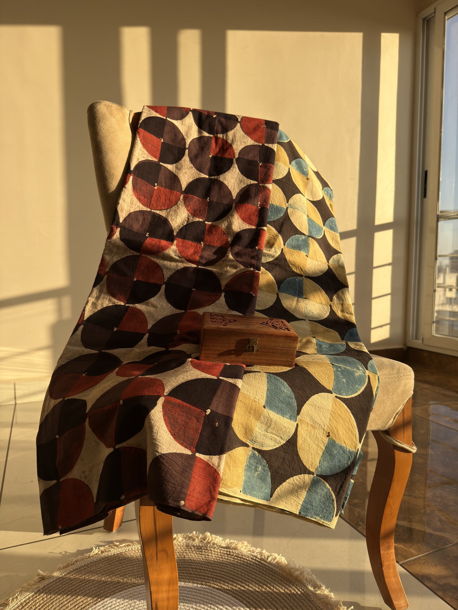 Yellow Ajrakh Hand Block Print Cotton Fabric | Natural Dyes