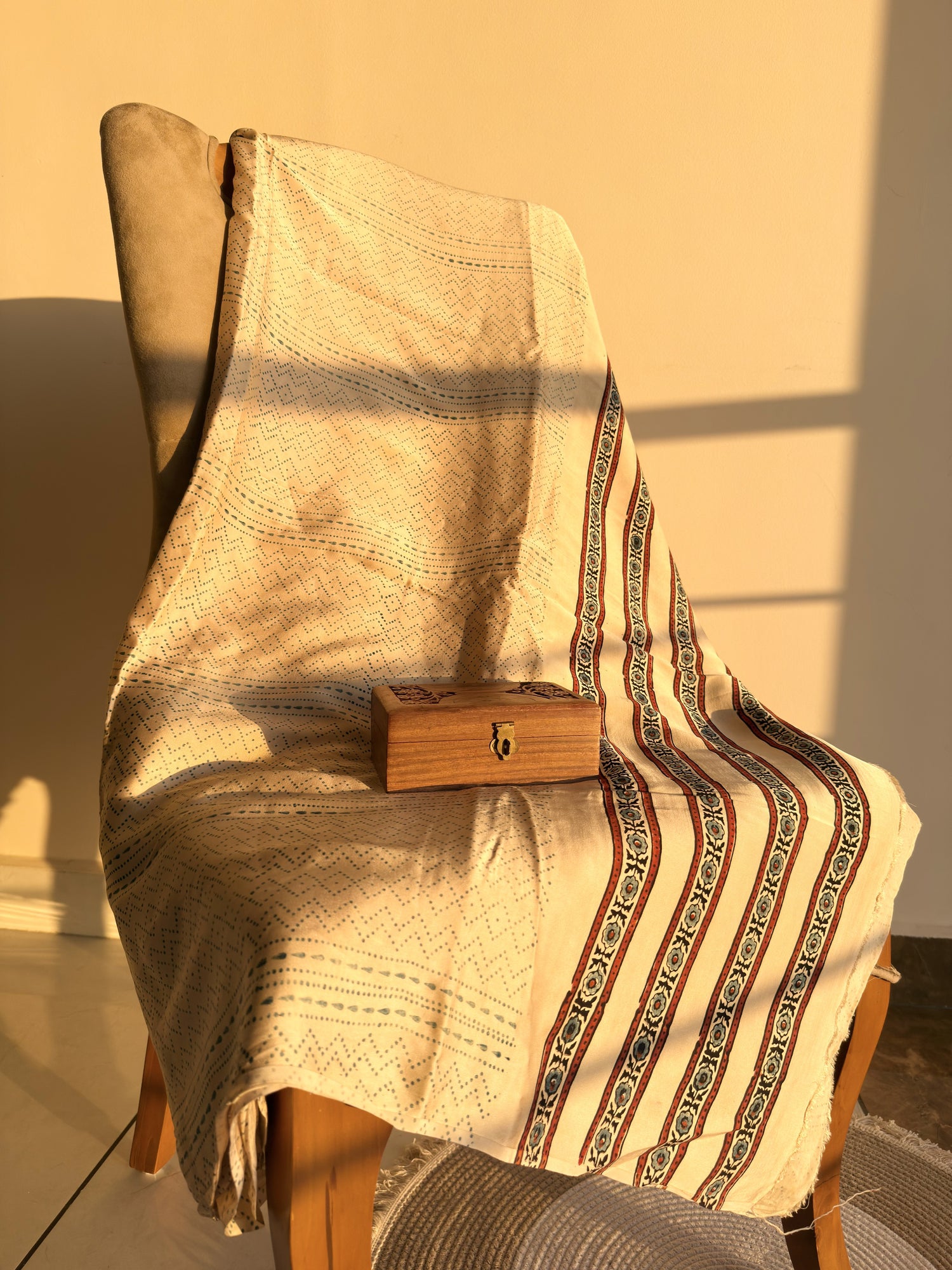 Off-White Ajrakh Hand Block Print Modal Silk Fabric | Natural Dyes