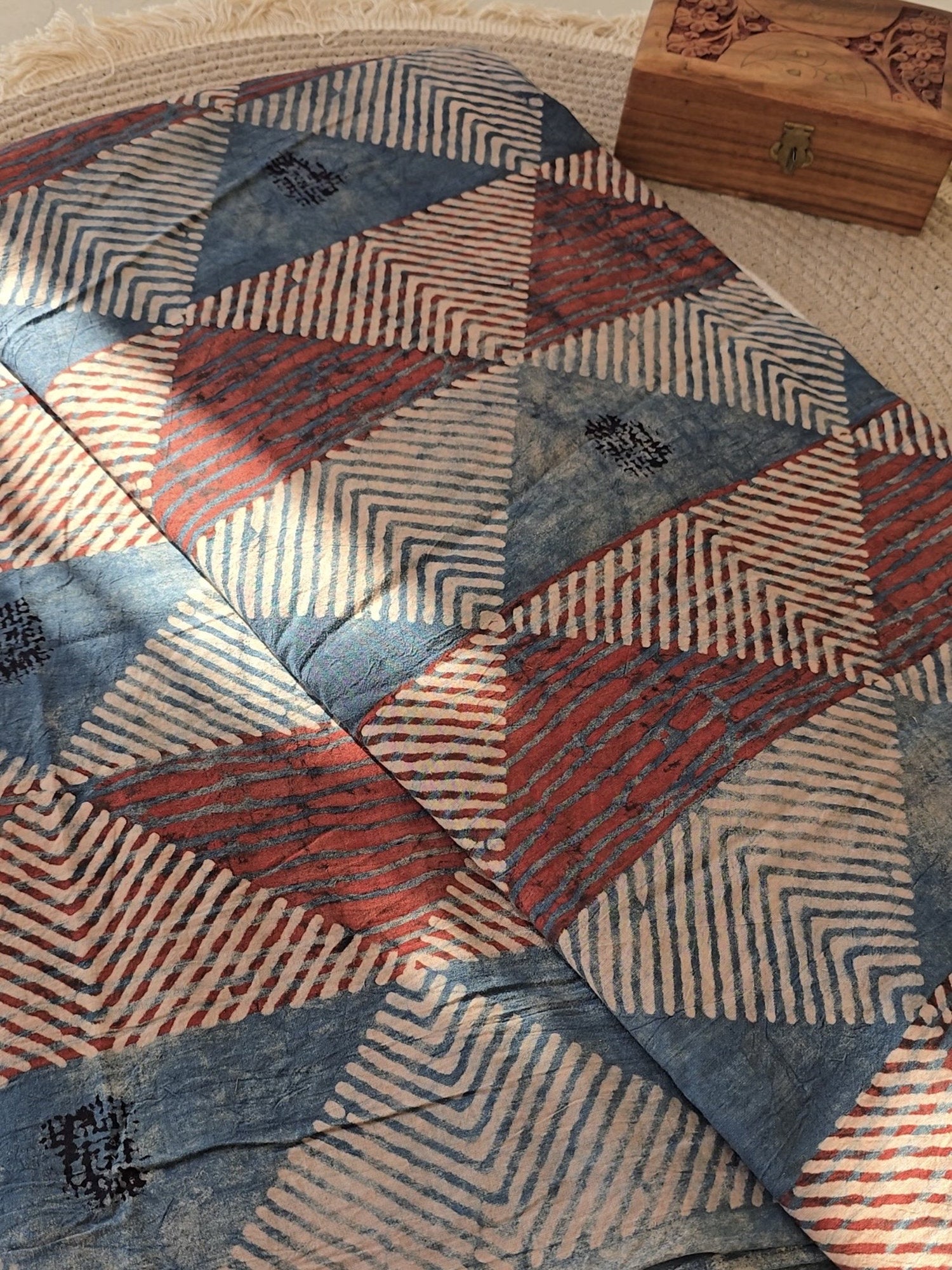 Red Blue Ajrakh Hand Block Print Cotton Fabric | Natural Dyes