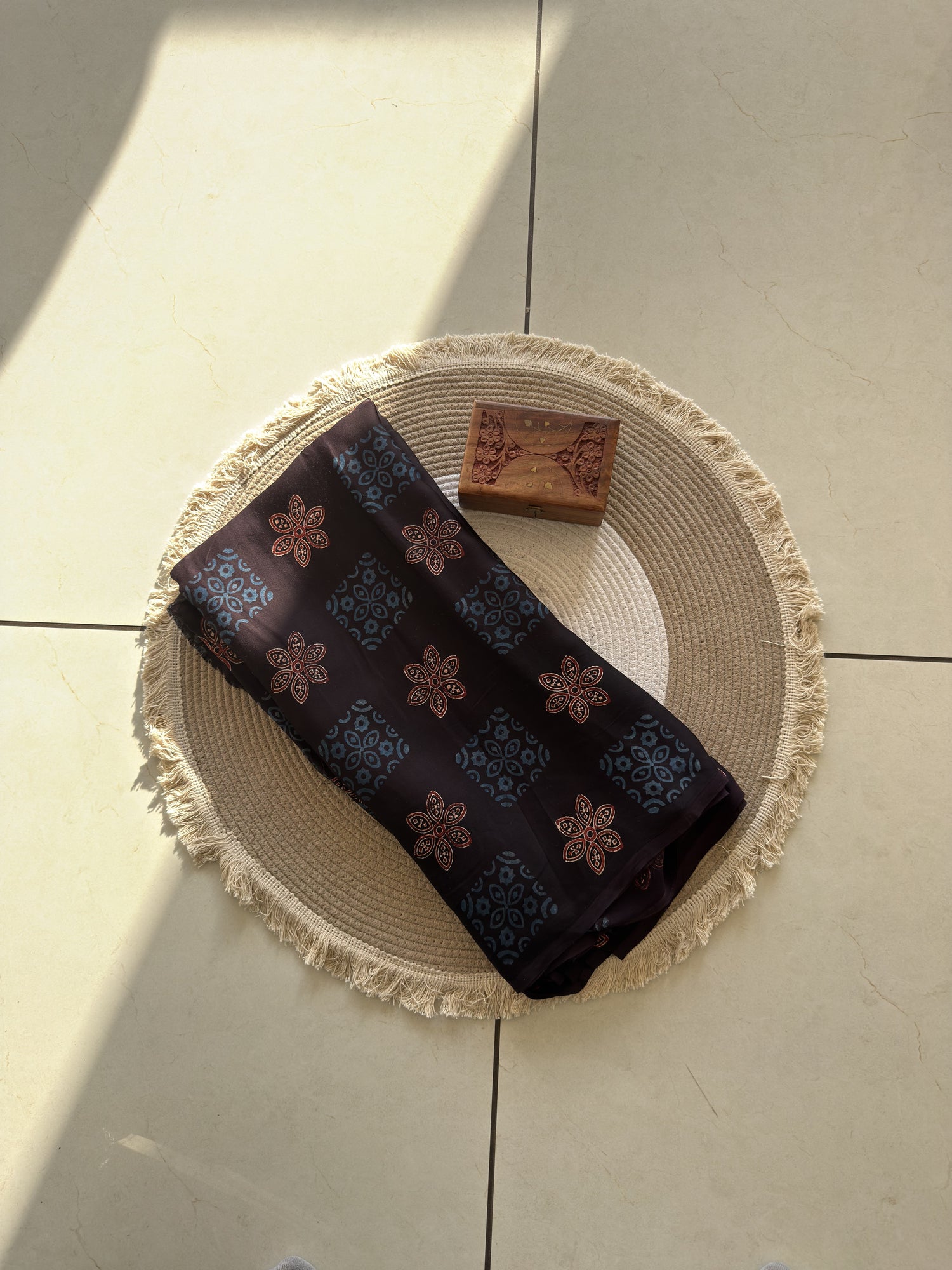 Black Ajrakh Hand Block Print Modal Silk Fabric | Natural Dyes