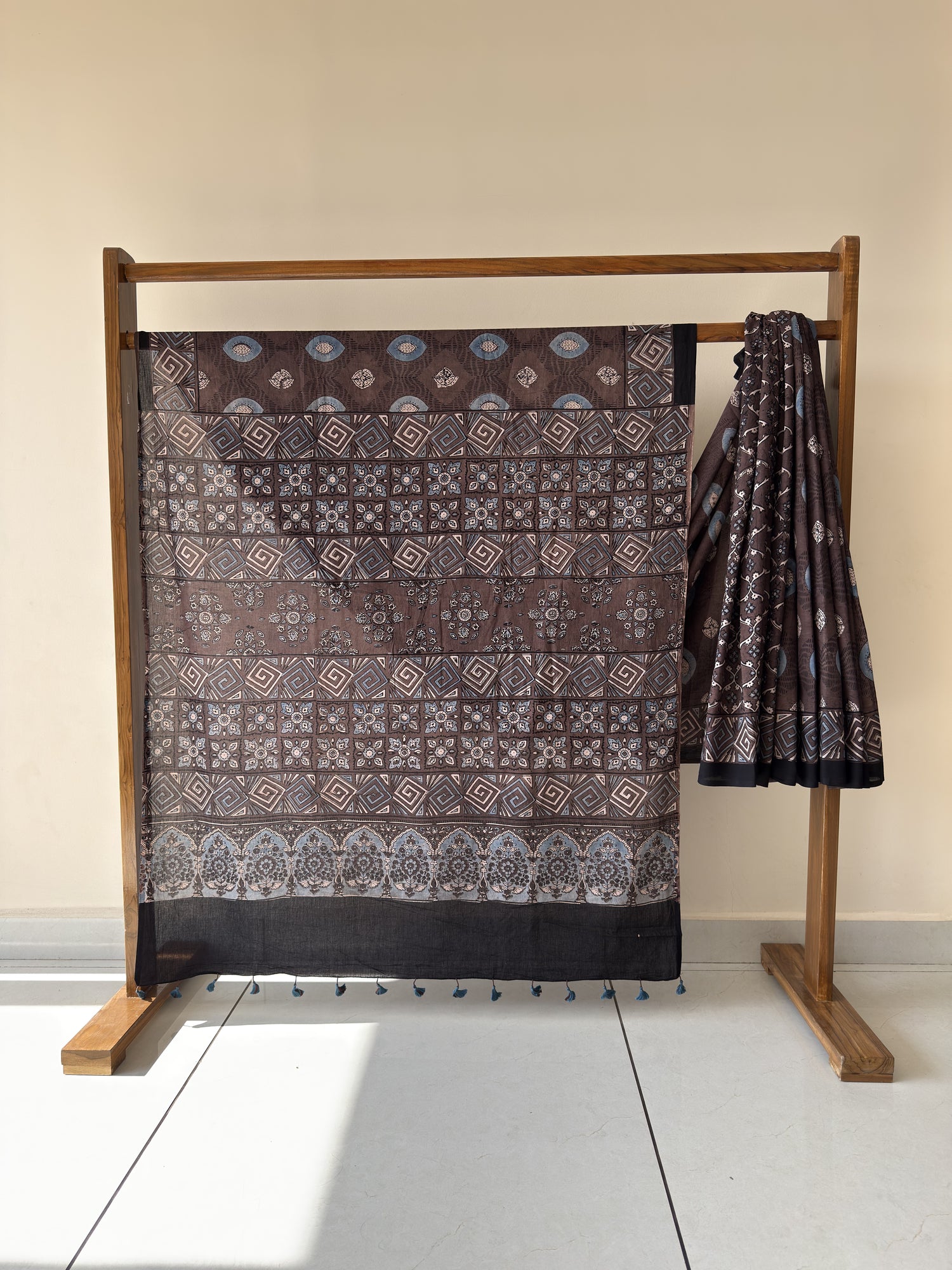 Ajrakh Hand Block Print Mul Cotton Saree | Natural Dyes