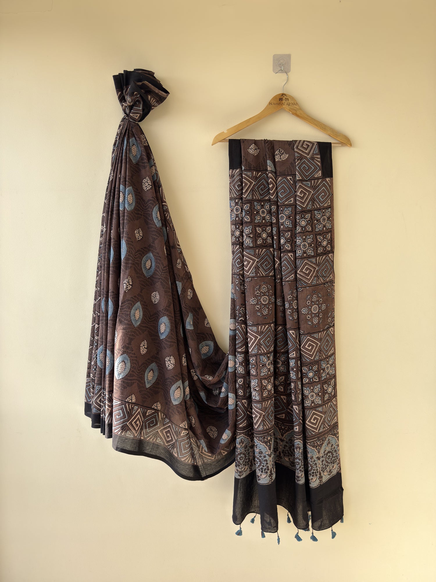 Ajrakh Hand Block Print Mul Cotton Saree | Natural Dyes