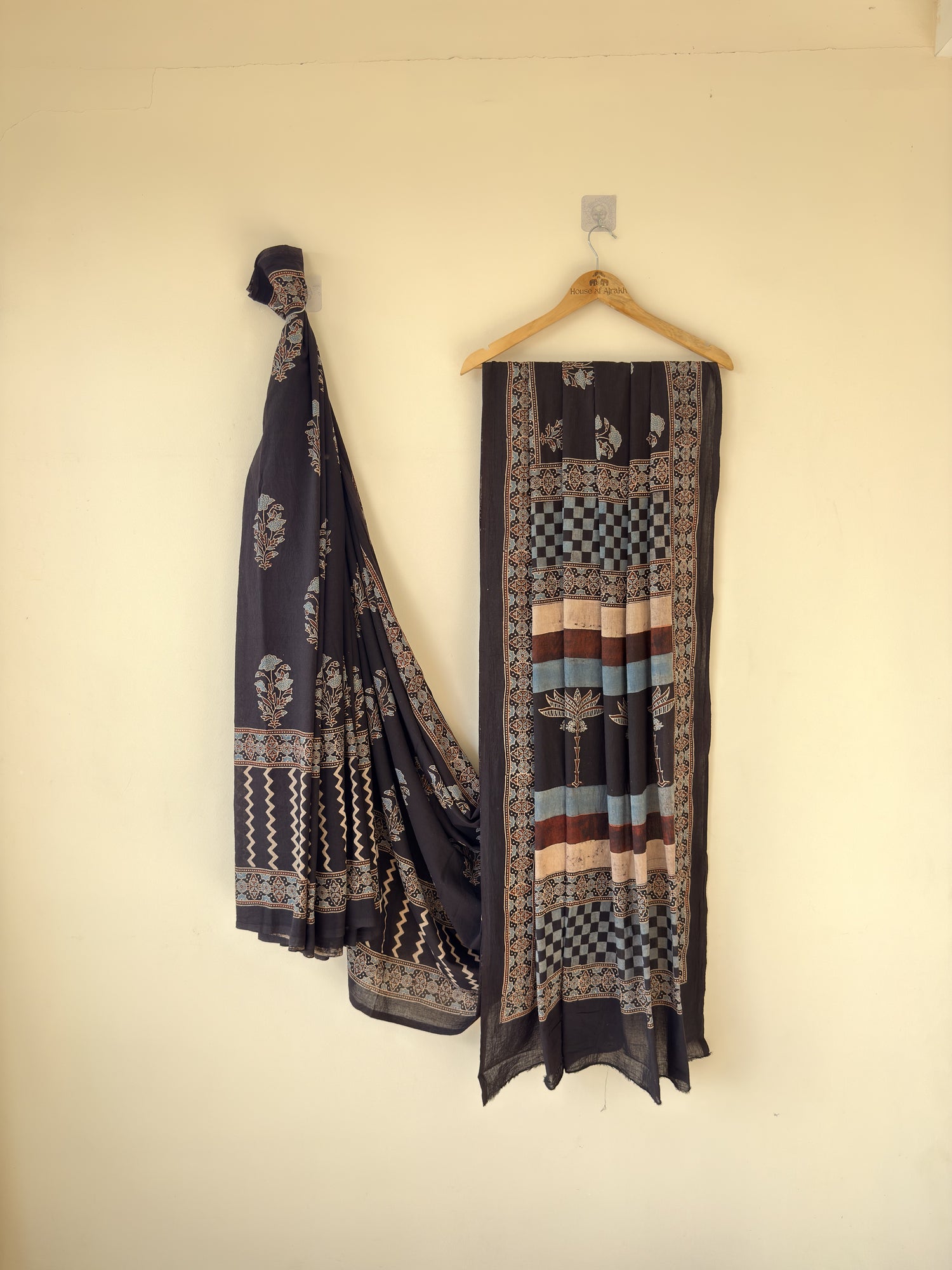 Ajrakh Hand Block Print Mul Cotton Saree | Natural Dyes
