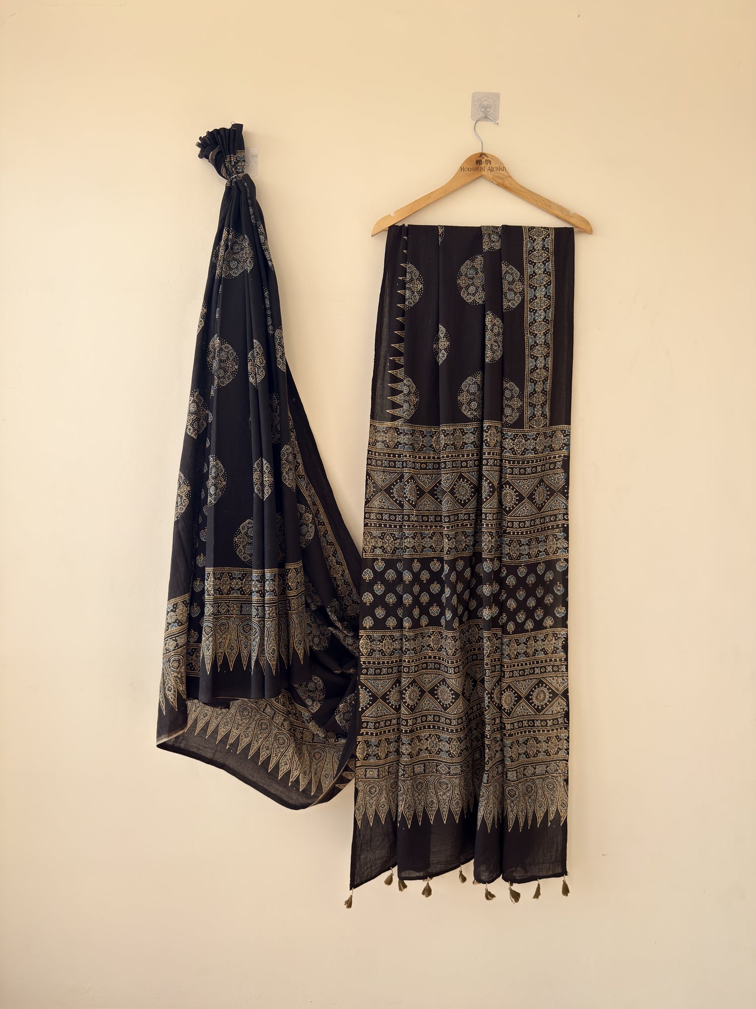 Ajrakh Hand Block Print Mul Cotton Saree | Natural Dyes