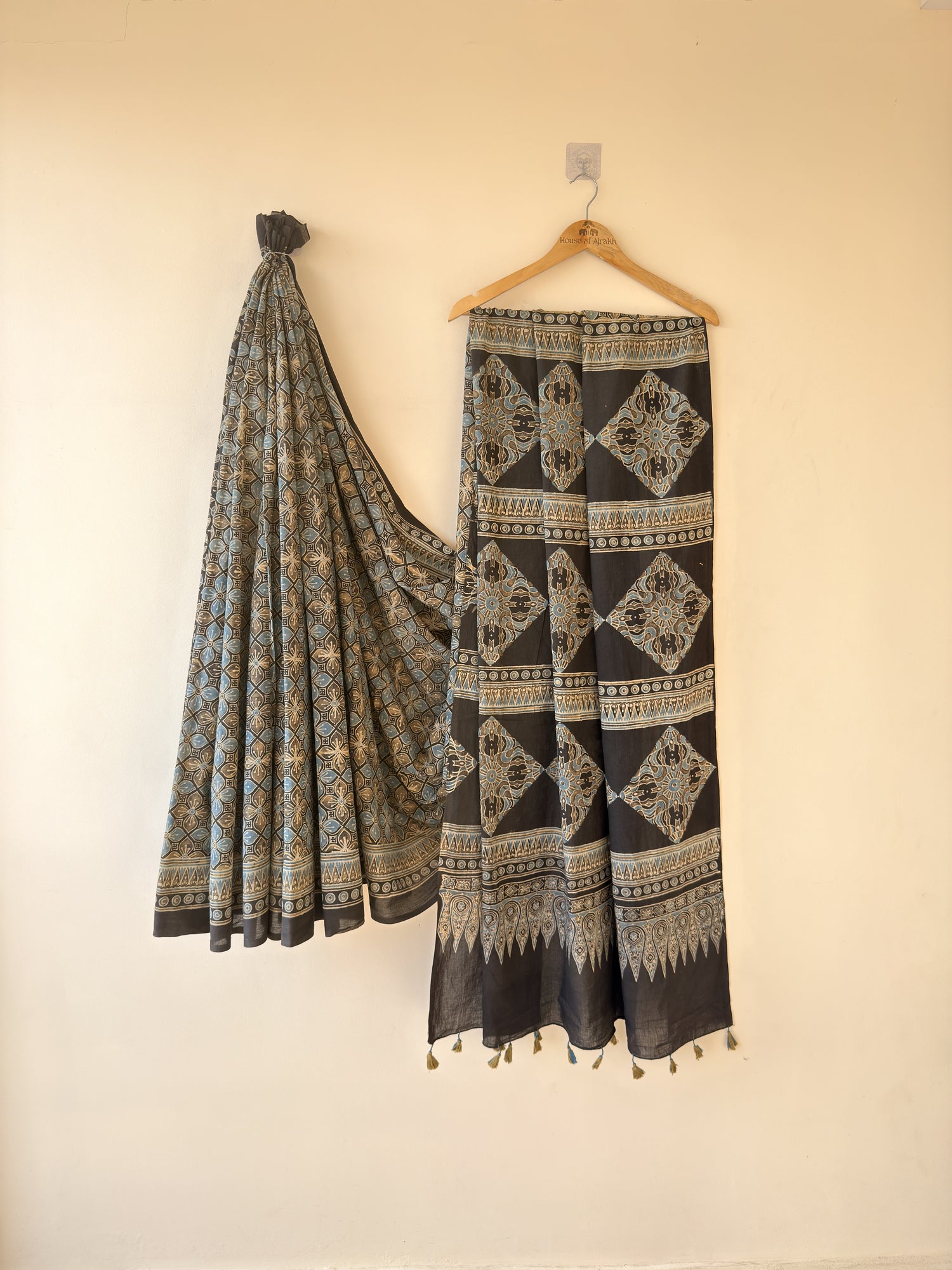 Ajrakh Hand Block Print Mul Cotton Saree | Natural Dyes