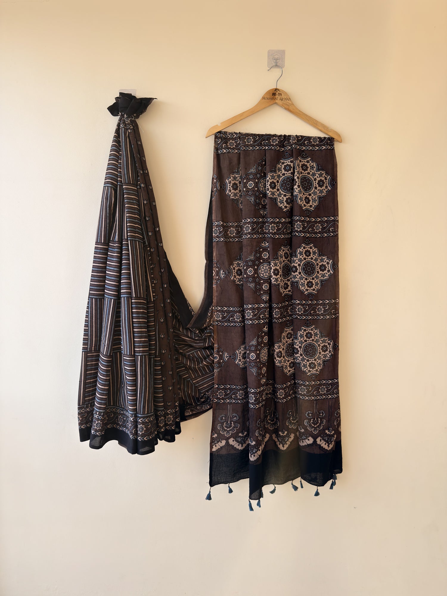 Ajrakh Hand Block Print Mul Cotton Saree | Natural Dyes