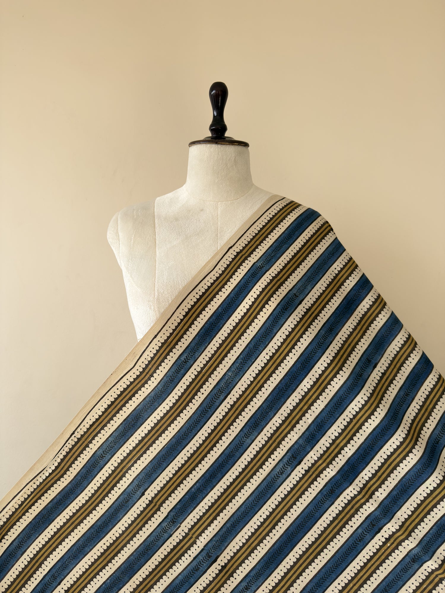 Blue Yellow Ajrakh Hand Block Print Cotton Fabric | Natural Dyes