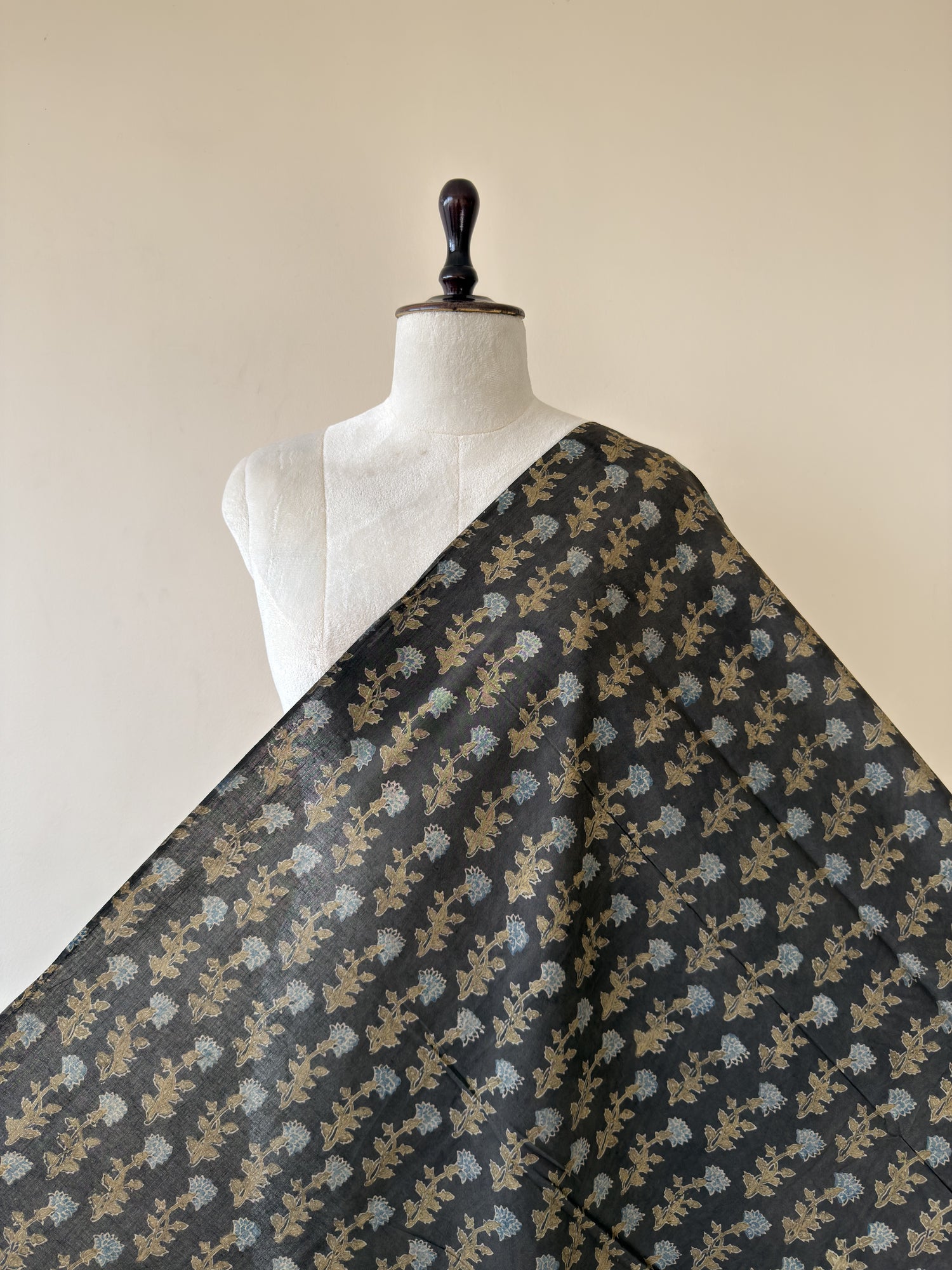 Black Floral Ajrakh Hand Block Print Cotton Fabric | Natural Dyes