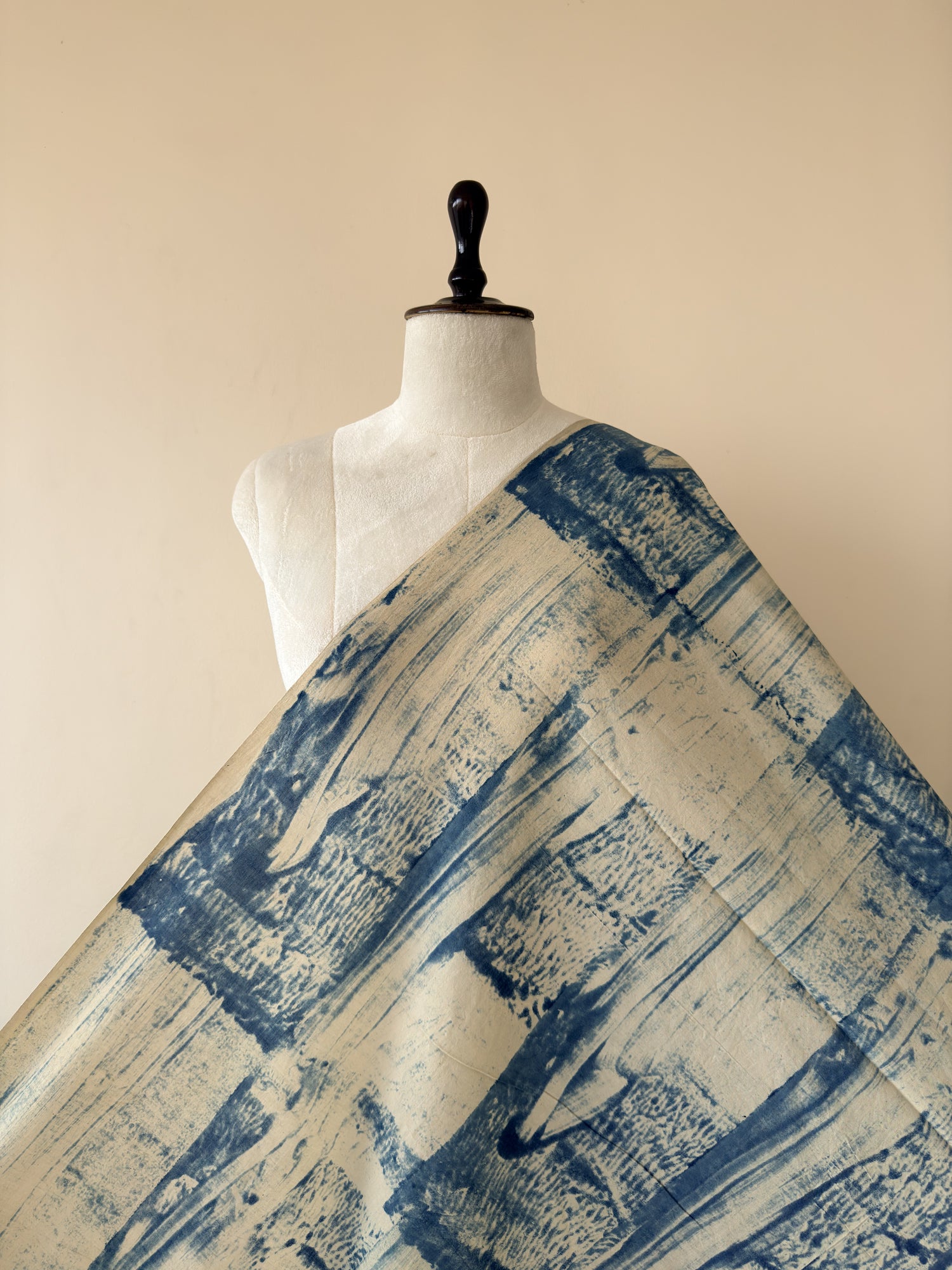 Off-White Blue Ajrakh Hand Block Print Cotton Fabric | Natural Dyes