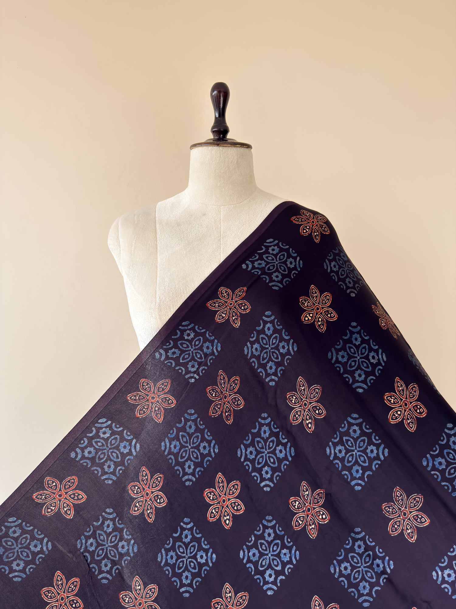 Black Ajrakh Hand Block Print Modal Silk Fabric | Natural Dyes