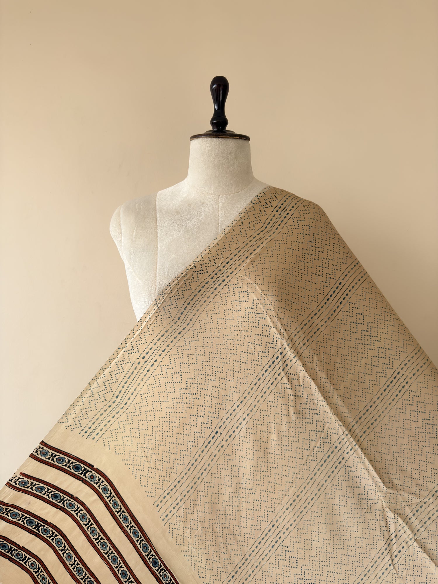 Off-White Ajrakh Hand Block Print Modal Silk Fabric | Natural Dyes