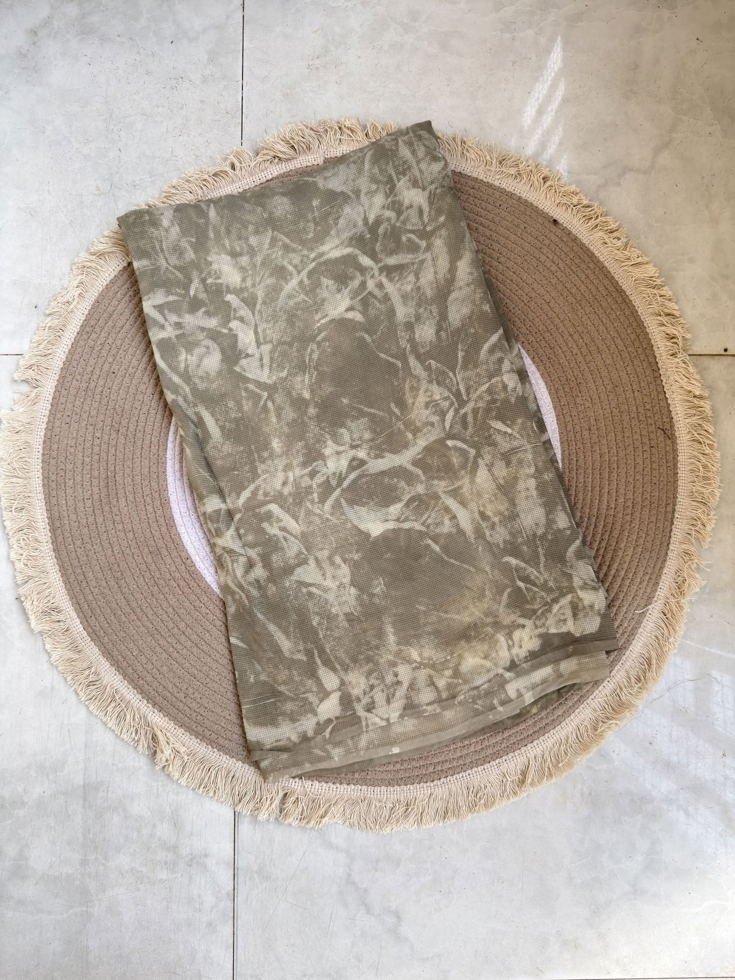 Olive Ajrakh Hand Block Printed Net (Kota) Modal Silk Fabric | Natural Dyes