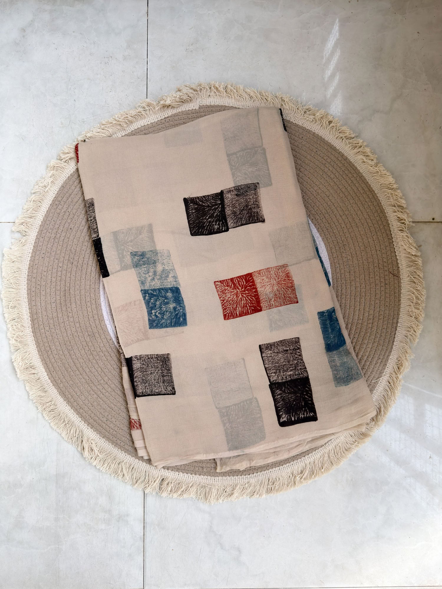 Multicolor Ajrakh Hand Block Printed Net (Kota) Modal Silk Fabric | Natural Dyes