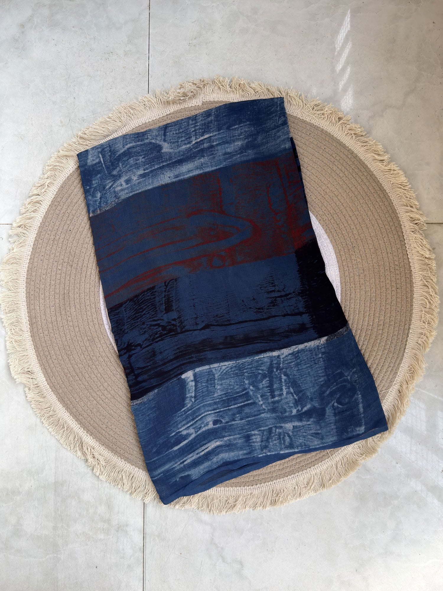 Multicolor Ajrakh Hand Block Printed Net (Kota) Modal Silk Fabric | Natural Dyes