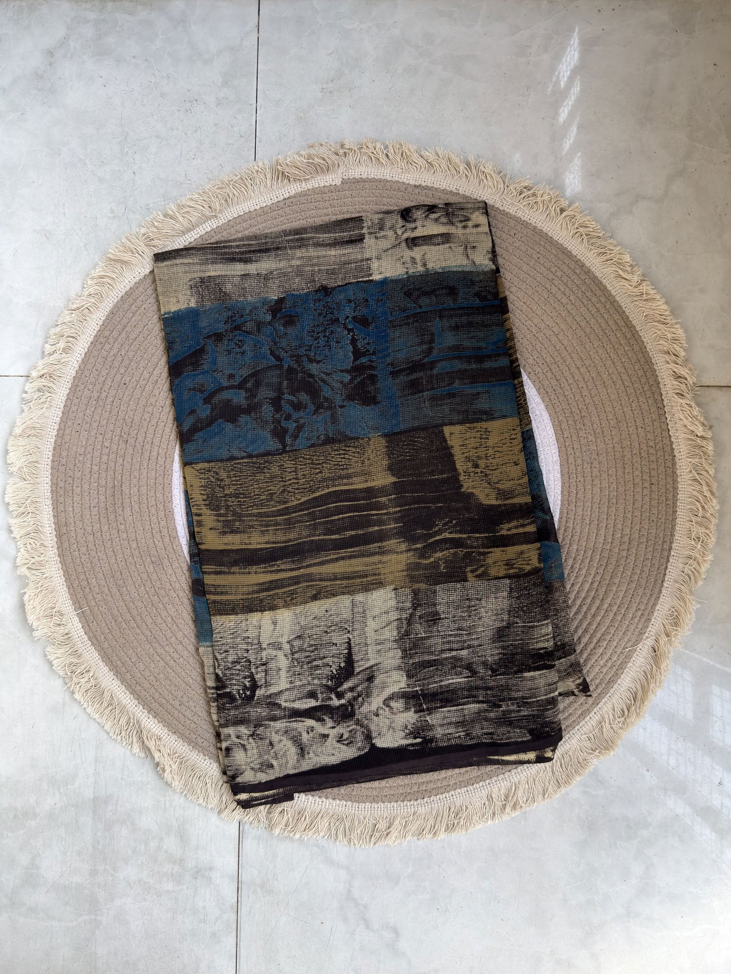 Multicolor Ajrakh Hand Block Printed Net (Kota) Modal Silk Fabric | Natural Dyes