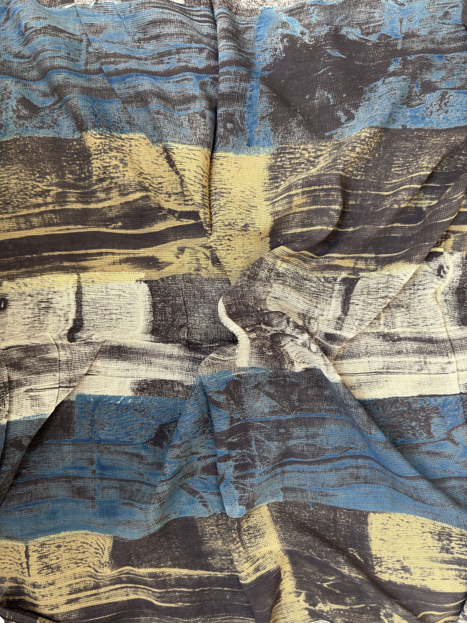 Multicolor Ajrakh Hand Block Printed Net (Kota) Modal Silk Fabric | Natural Dyes