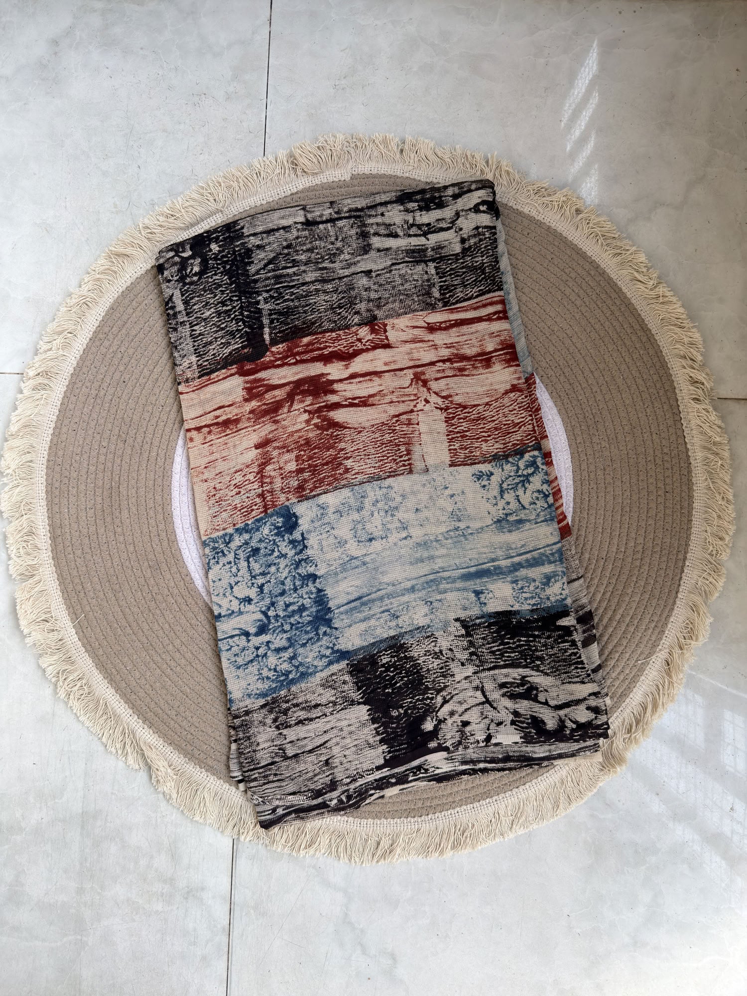 Multicolor Ajrakh Hand Block Printed Net (Kota) Modal Silk Fabric | Natural Dyes