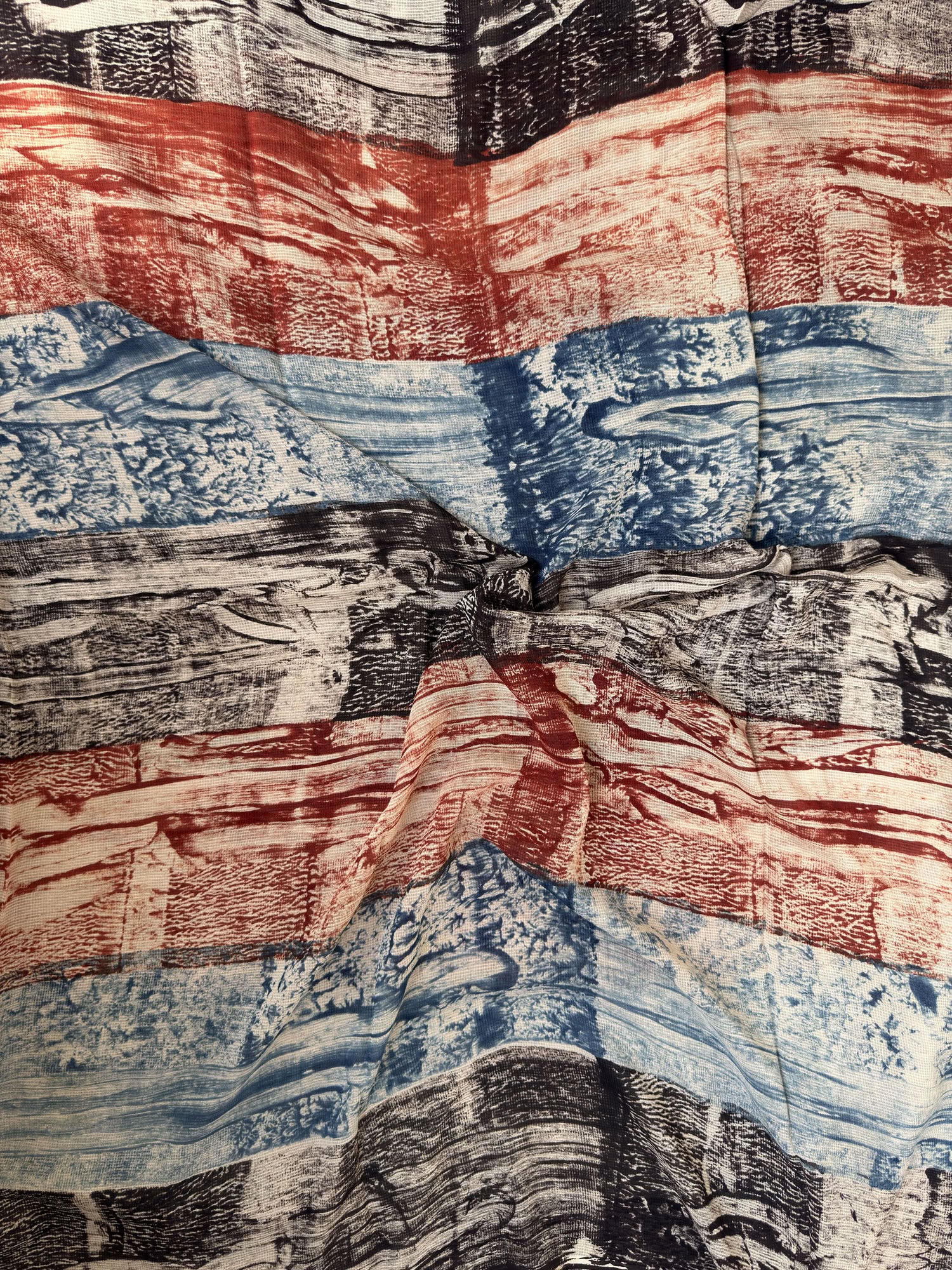 Multicolor Ajrakh Hand Block Printed Net (Kota) Modal Silk Fabric | Natural Dyes
