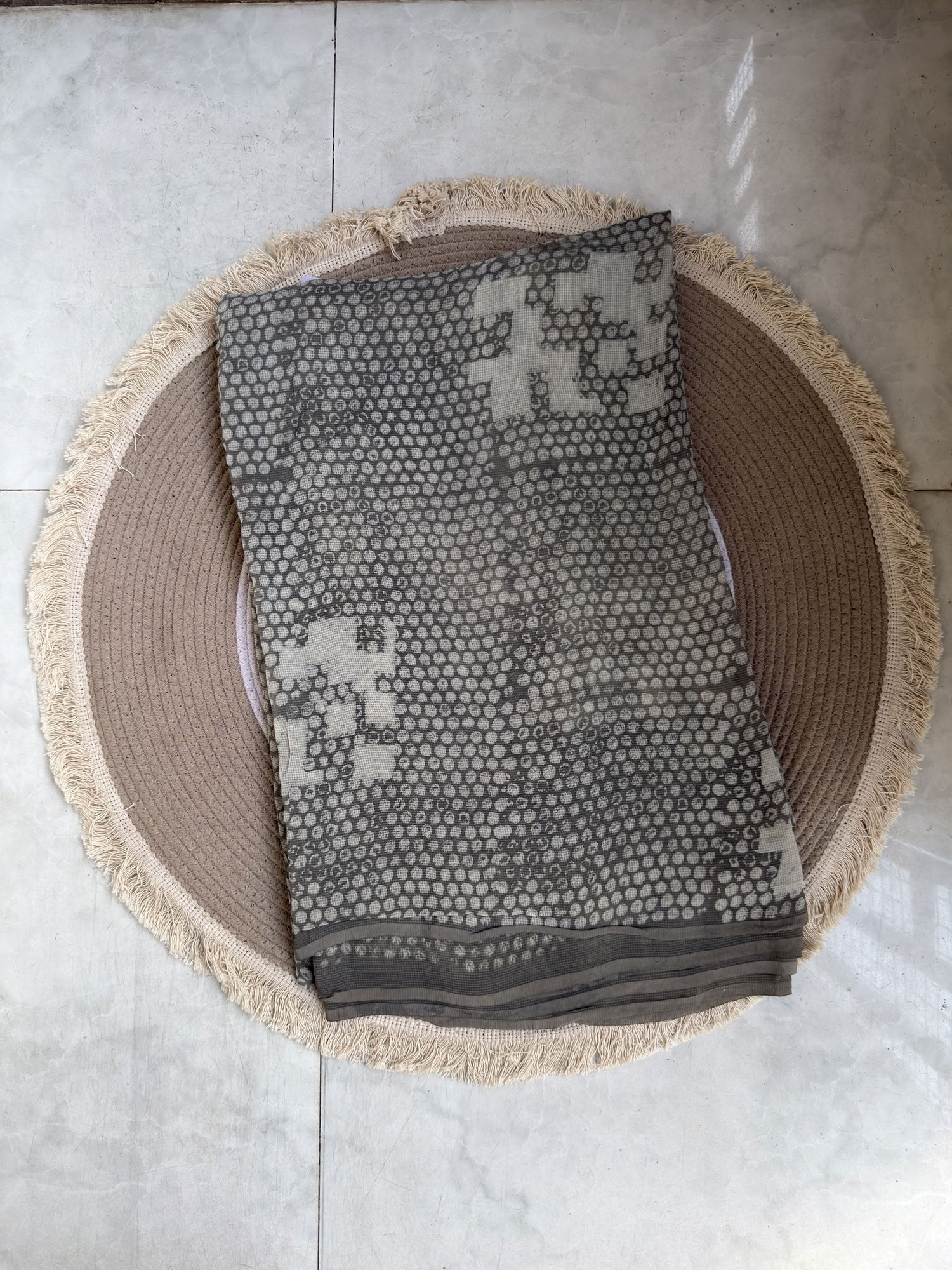 Olive Ajrakh Hand Block Printed Net (Kota) Modal Silk Fabric | Natural Dyes